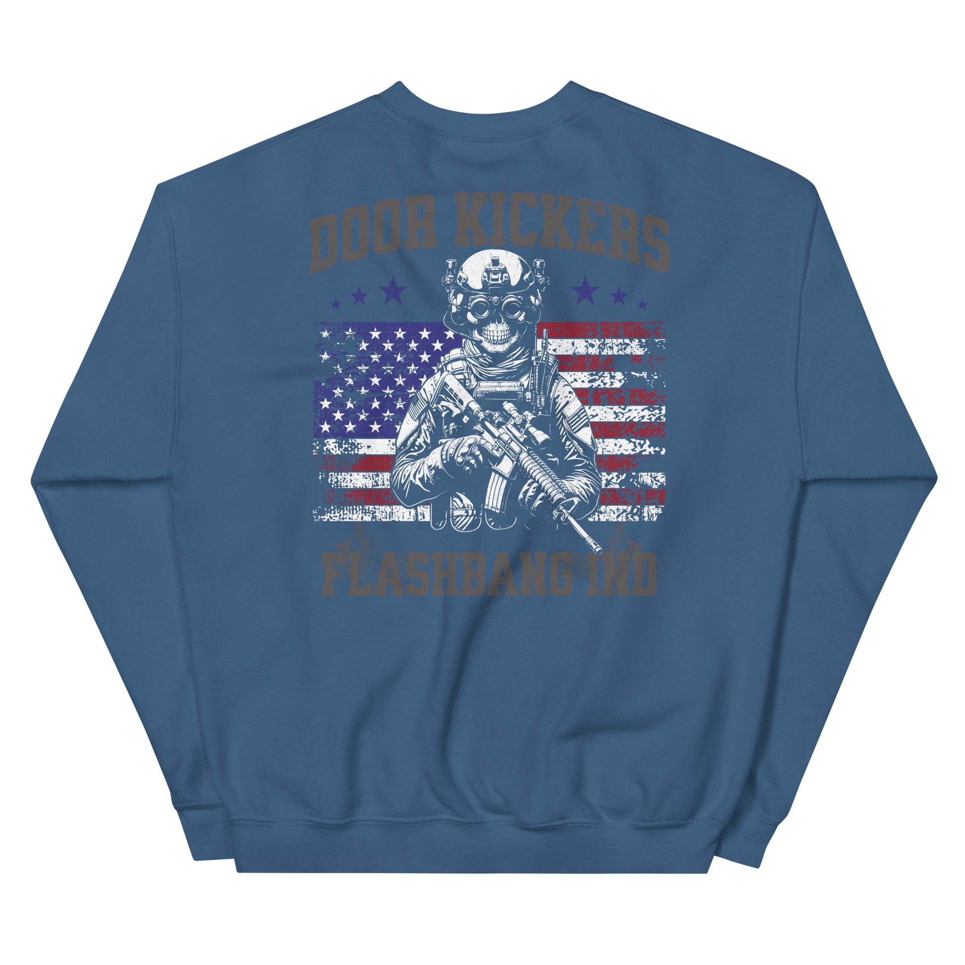 Blue sweatshirt with graphic design on the back featuring an astronaut and text.
