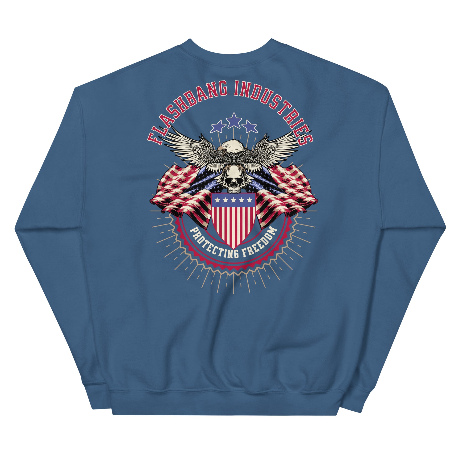 Blue sweatshirt with an eagle and American flag design on the back, featuring the brand 'Flashbang Industries'.