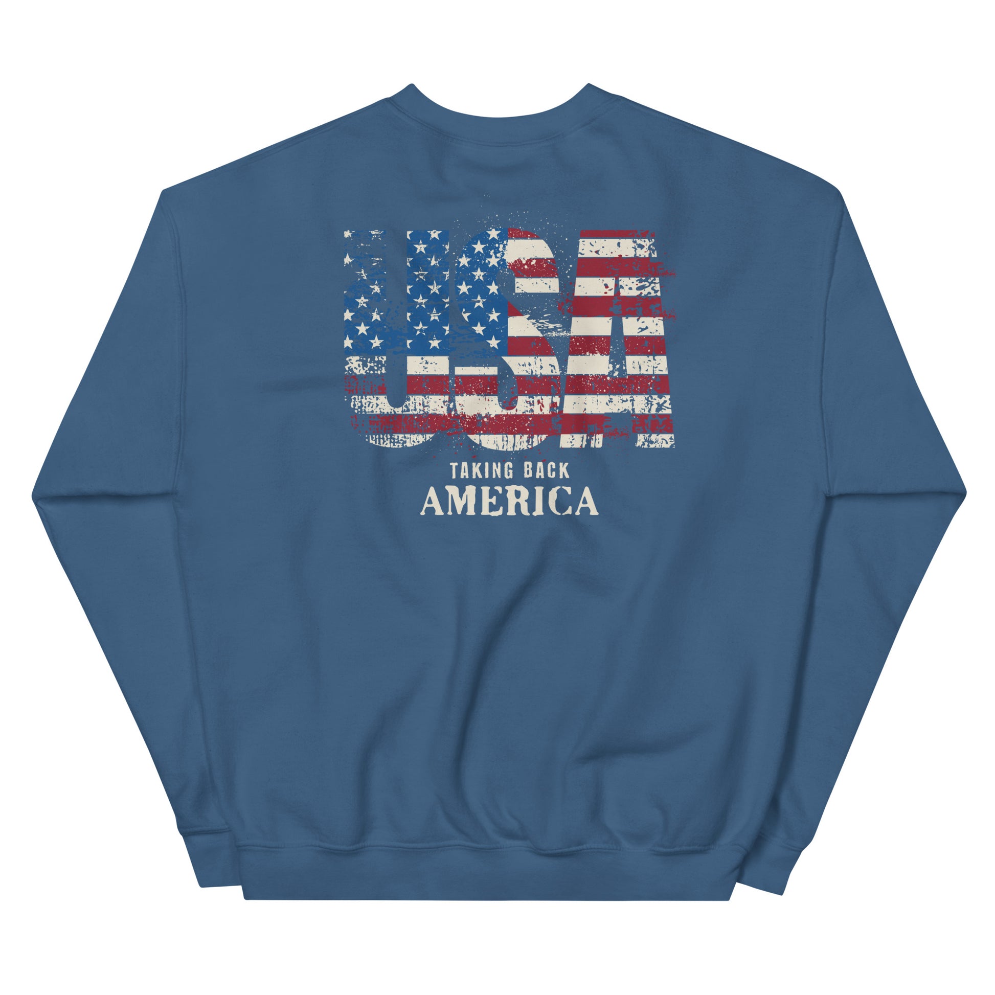 Blue sweatshirt with American flag design and text on a white background