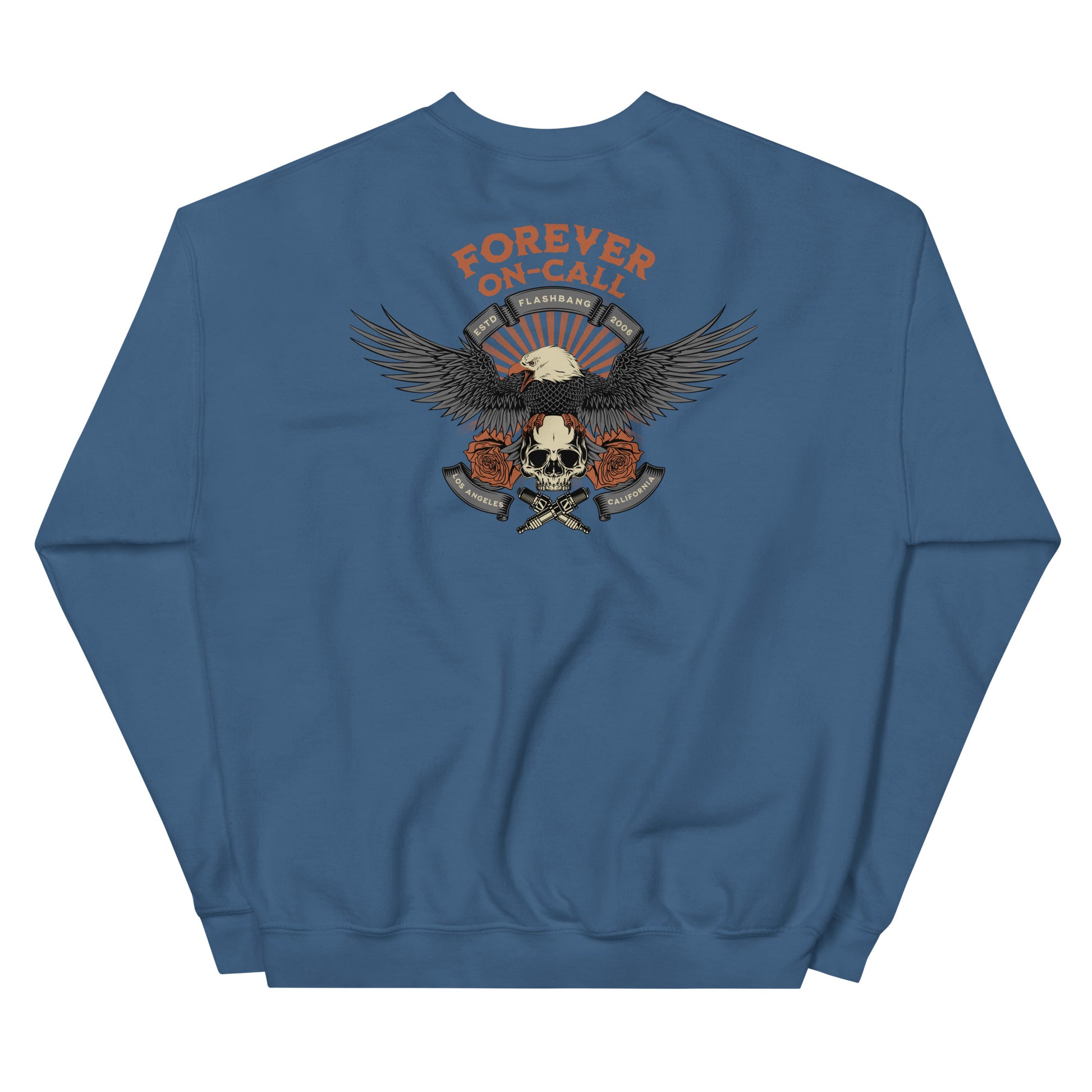 Blue sweatshirt with an eagle and skull design on the back, on a white background