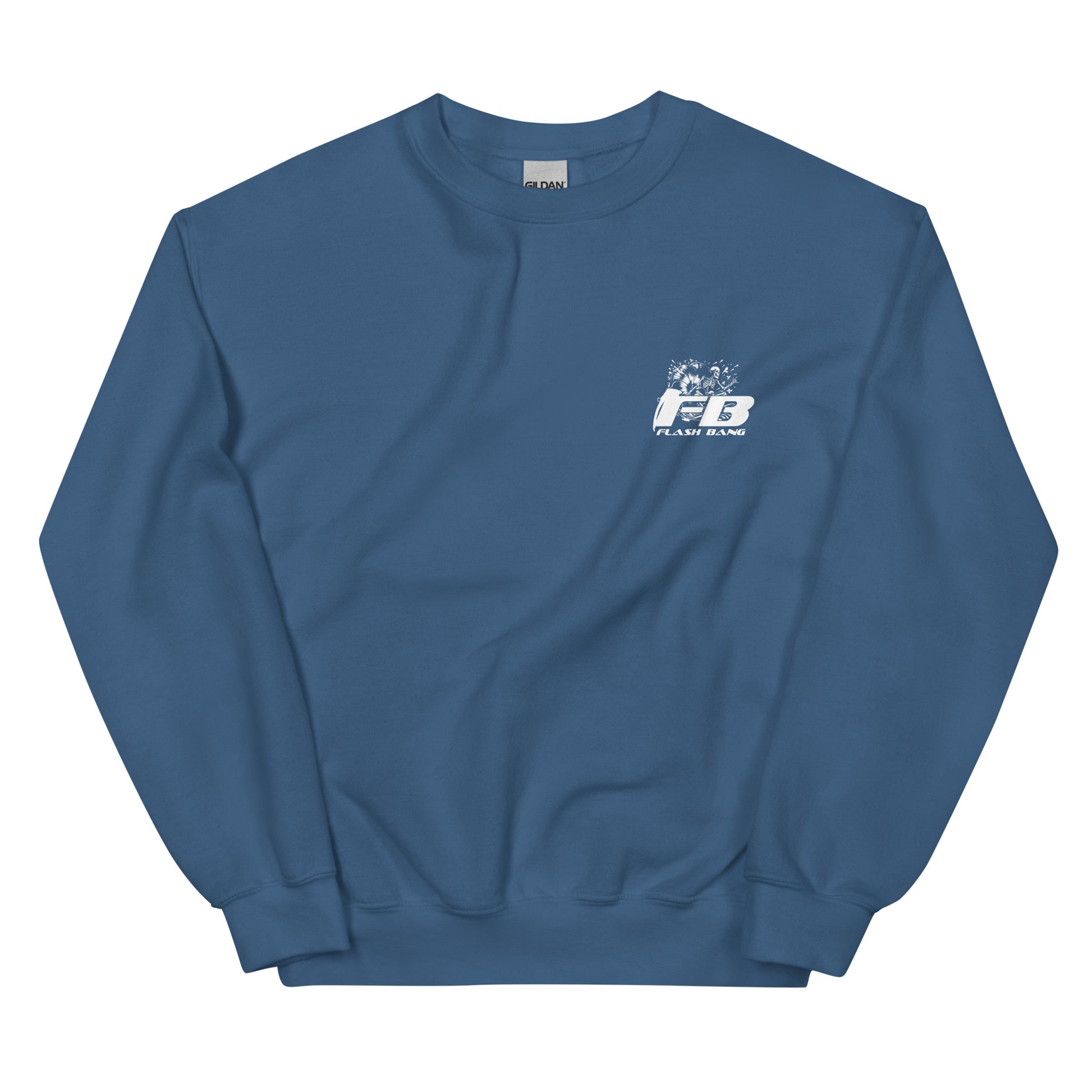 Blue sweatshirt with a logo on the chest against a white background
