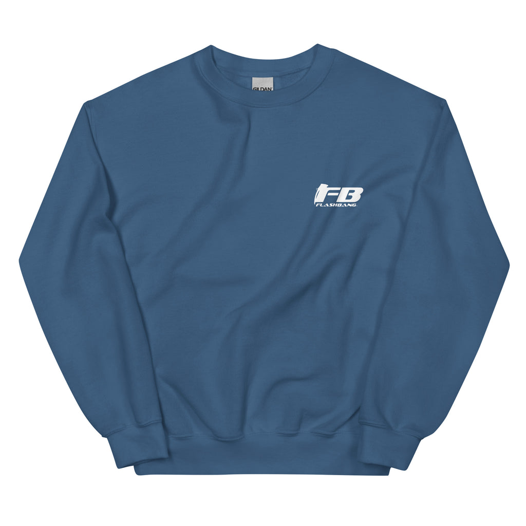 Blue sweatshirt with a logo on the chest against a white background
