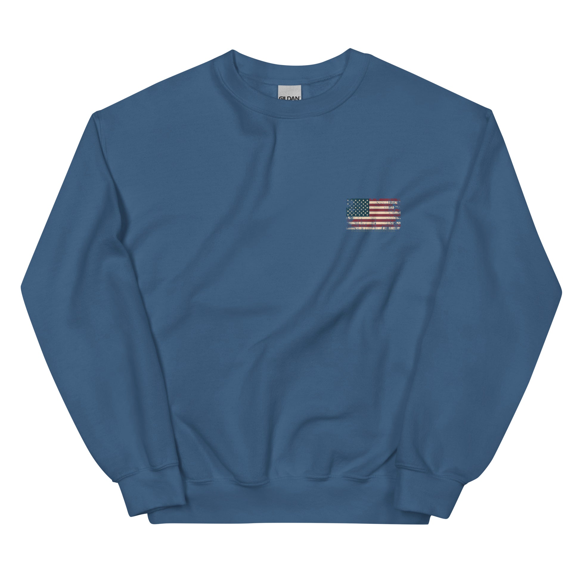 Blue sweatshirt with an American flag patch on a white background