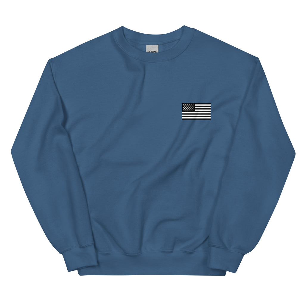 Blue sweatshirt with a small American flag patch on a white background