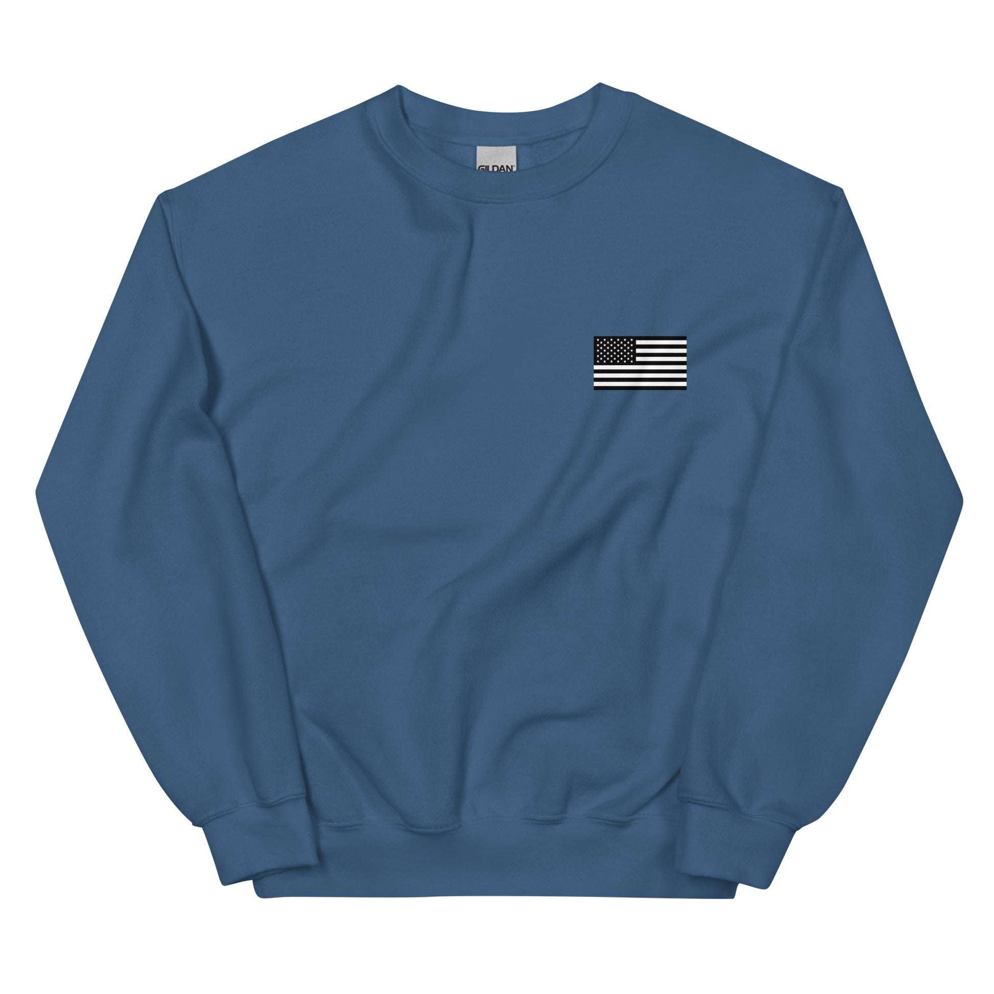 Blue sweatshirt with a small American flag patch on a white background