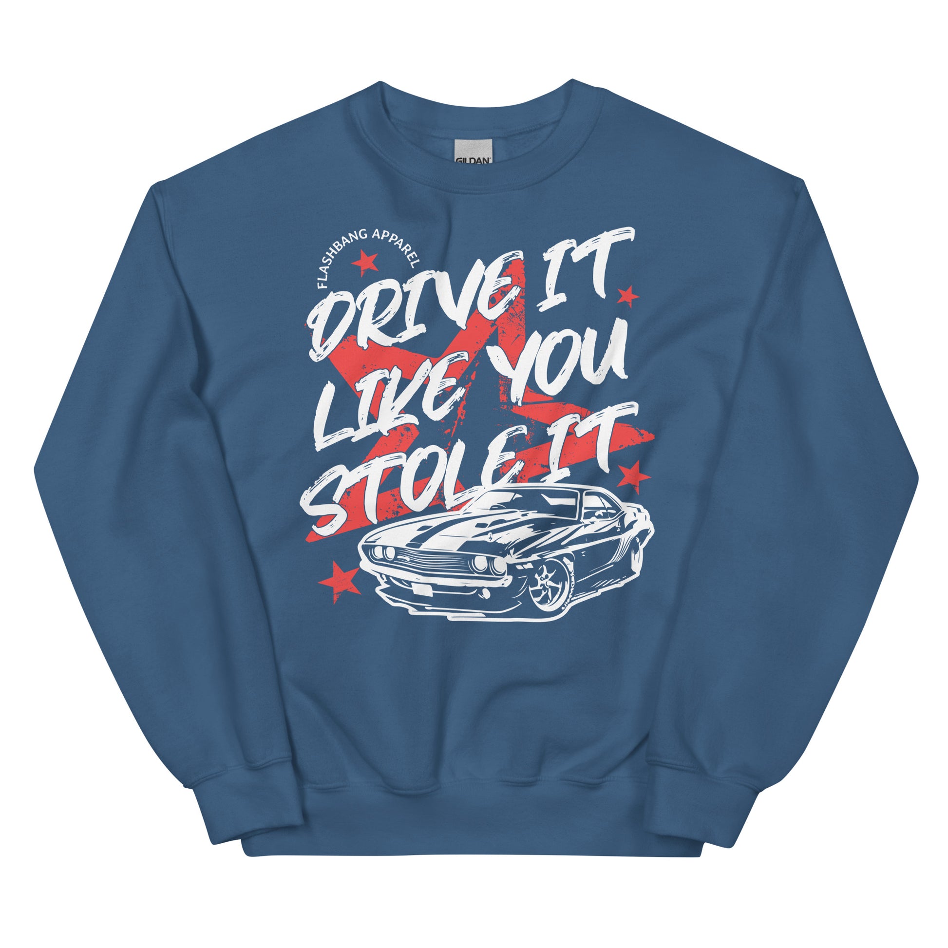 Blue sweatshirt with graphic design and text on a white background