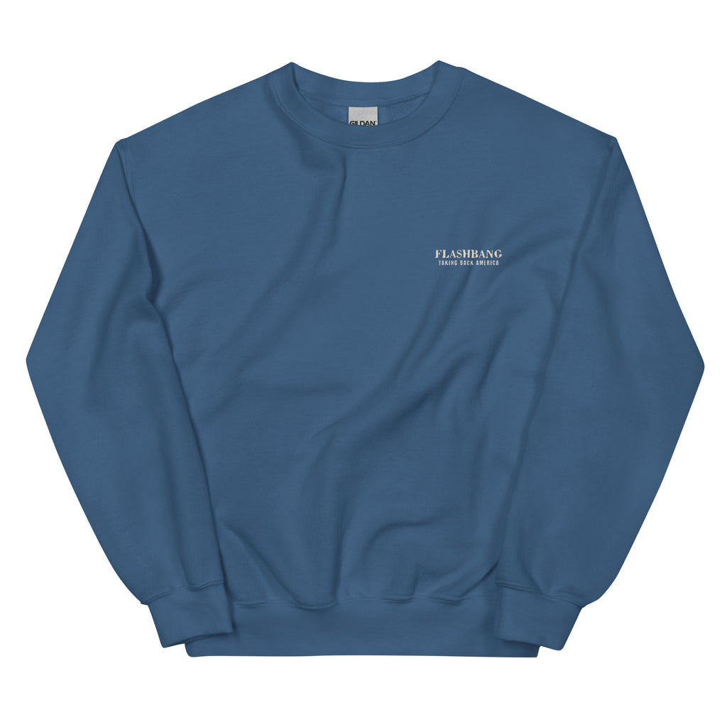 Blue sweatshirt with a logo on a white background