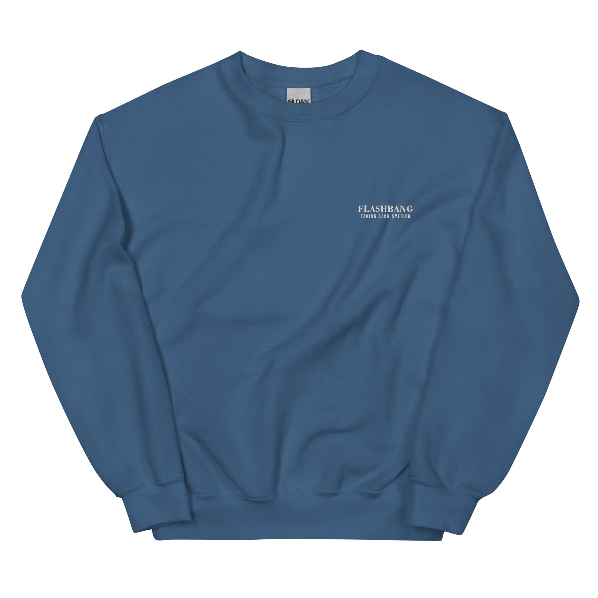 Blue sweatshirt with a logo on a white background