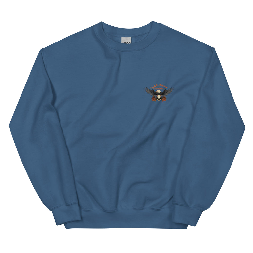 Blue sweatshirt with a small graphic on the chest against a white background