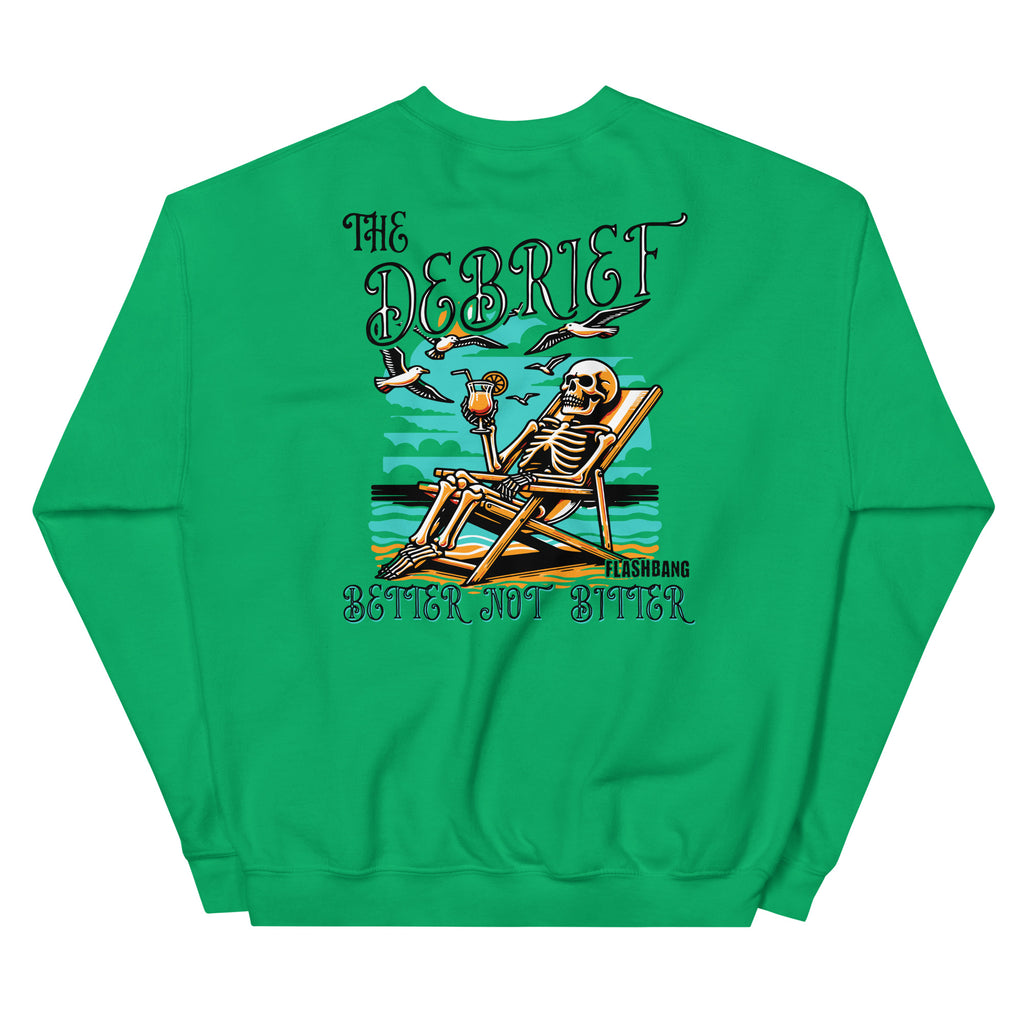 Green sweatshirt with a skeleton design and text on the back, on a white background