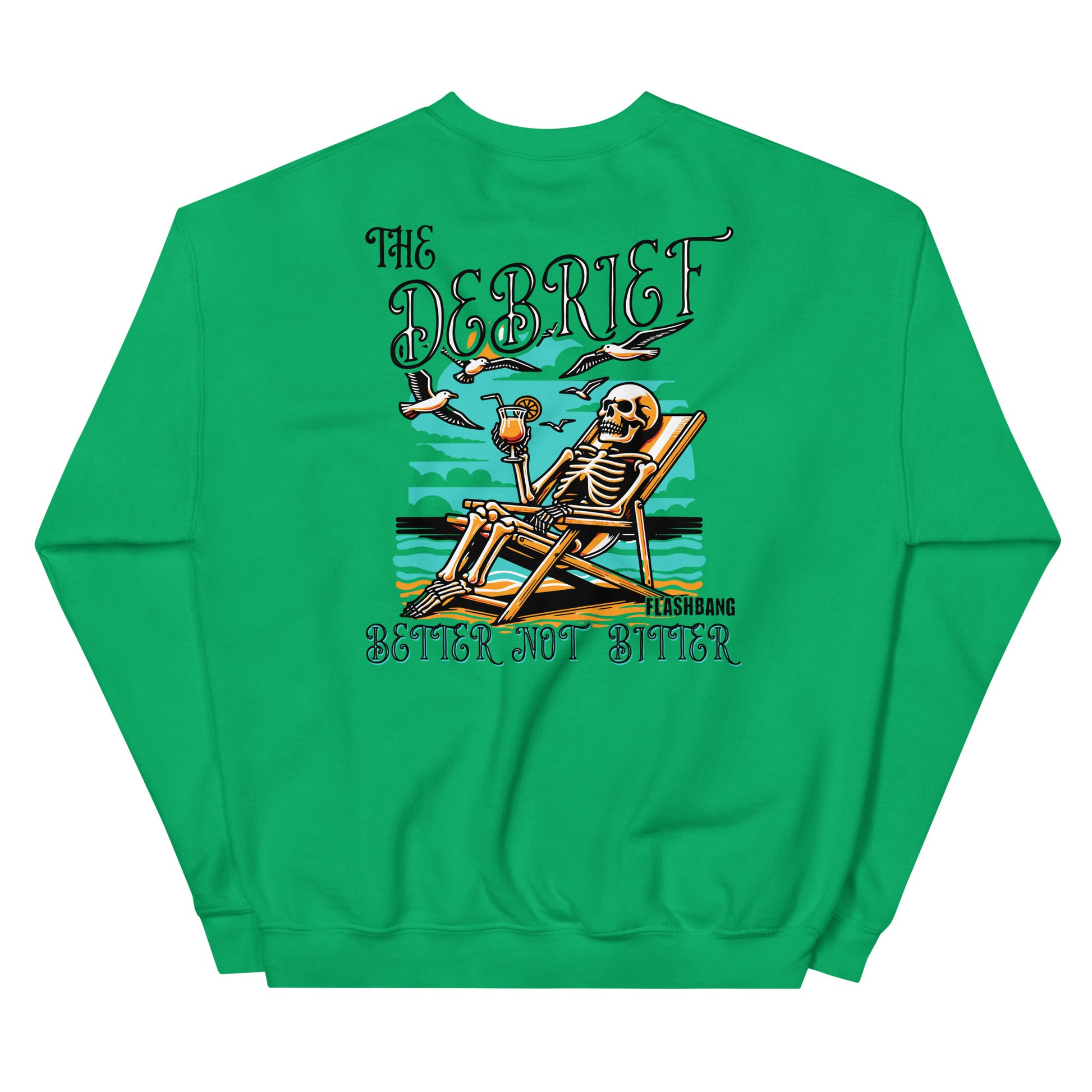 Green sweatshirt with a skeleton design and text on the back, on a white background