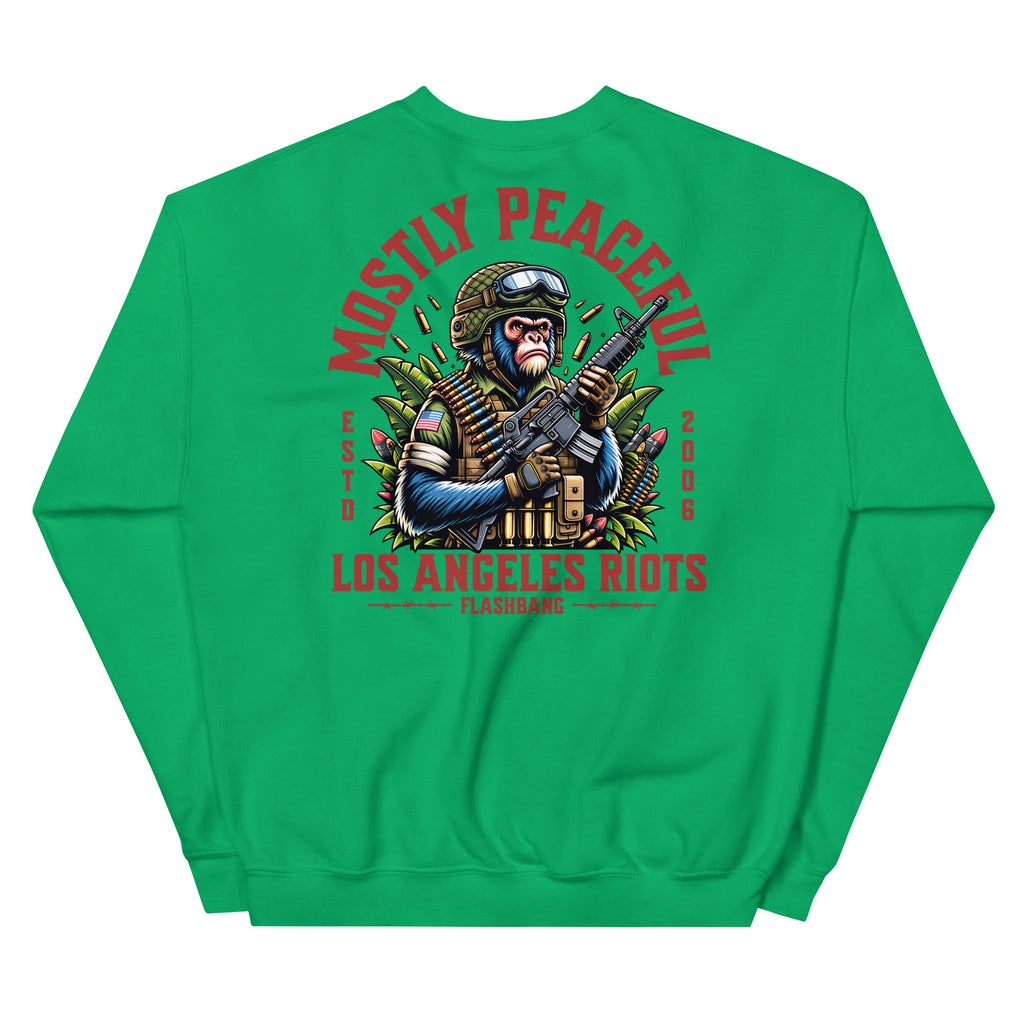 Green sweatshirt with graphic design and text on a white background