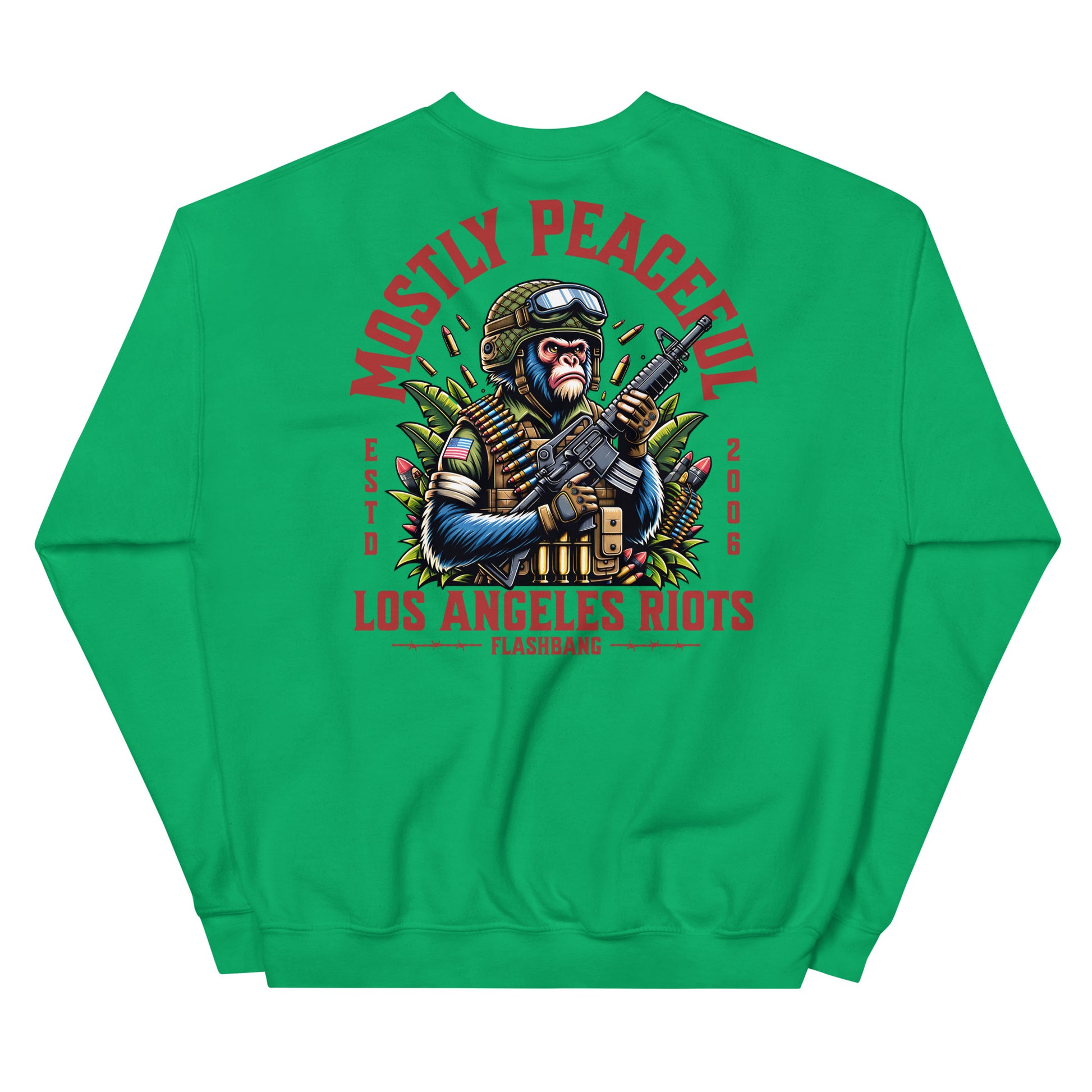 Green sweatshirt with graphic design and text on a white background