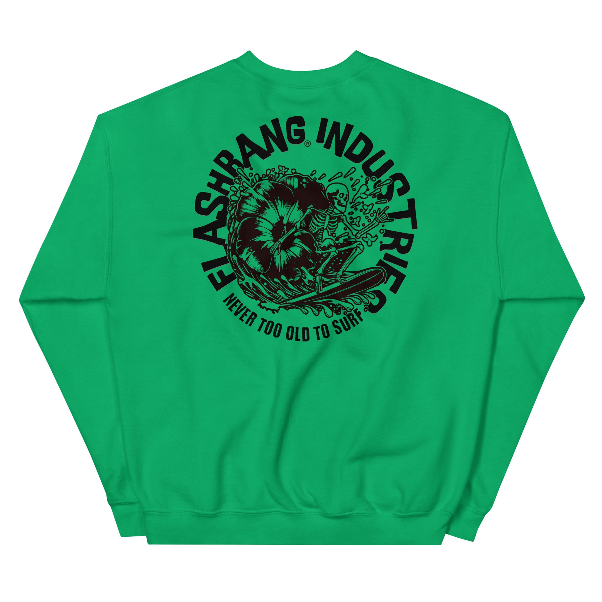 Green sweatshirt with black graphic design on a white background