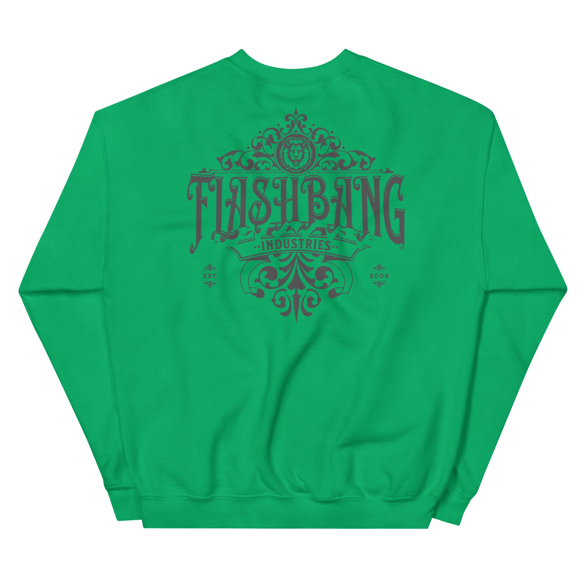 Green sweatshirt with 'FLASHBANG INDUSTRIES' text on the back against a white background