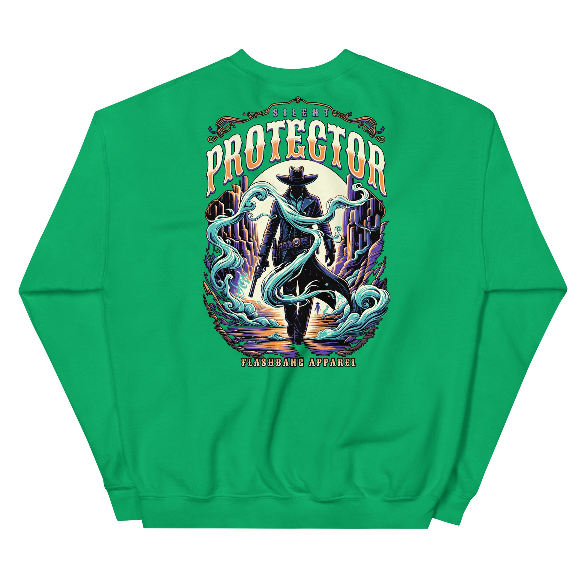 Green sweatshirt with a graphic design on the back featuring a cowboy and the word 'Protector'.