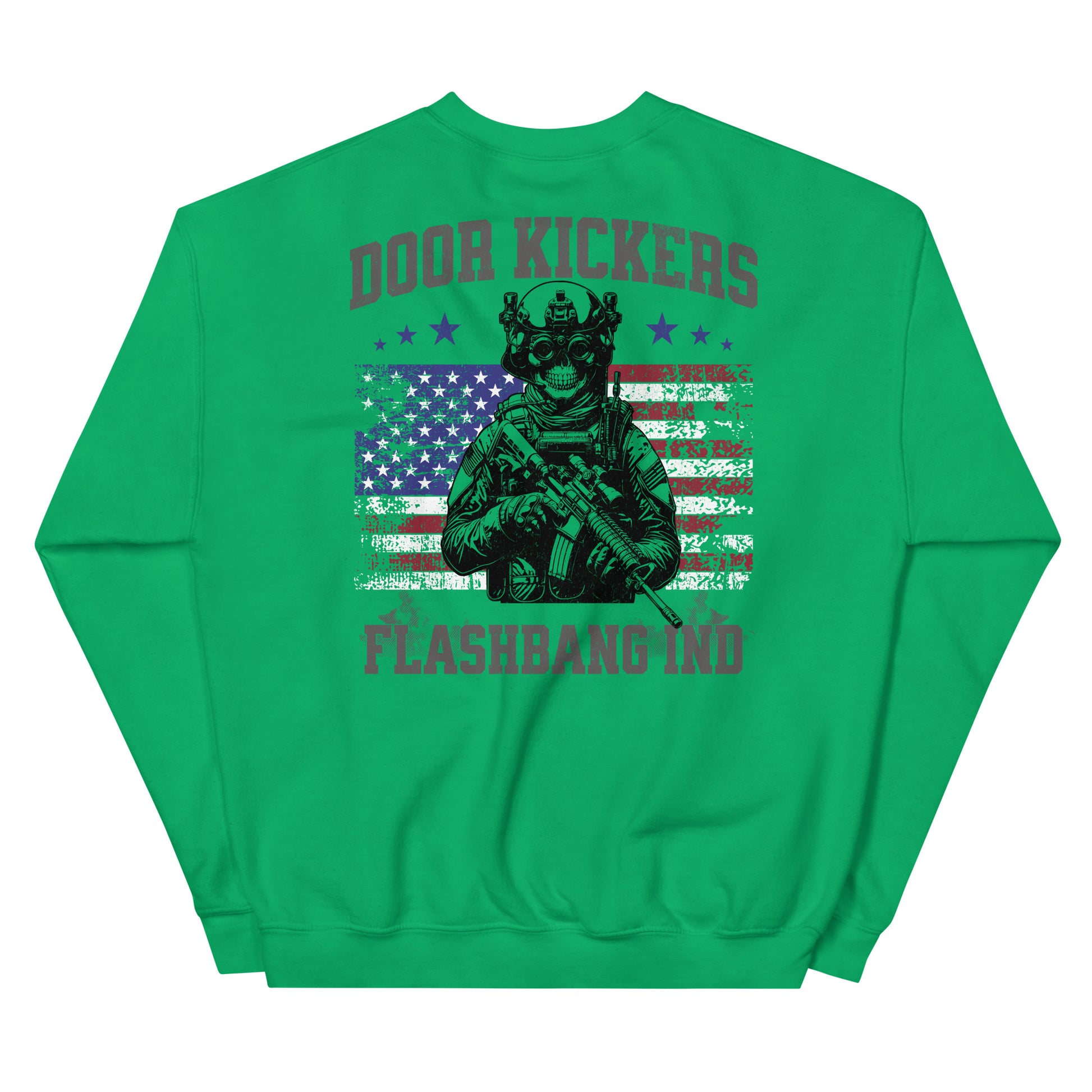 Green sweatshirt with military graphic and text on a white background