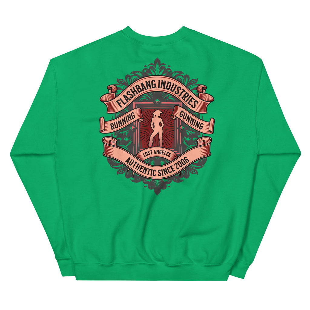 Green sweatshirt with a red graphic design on the back on a white background