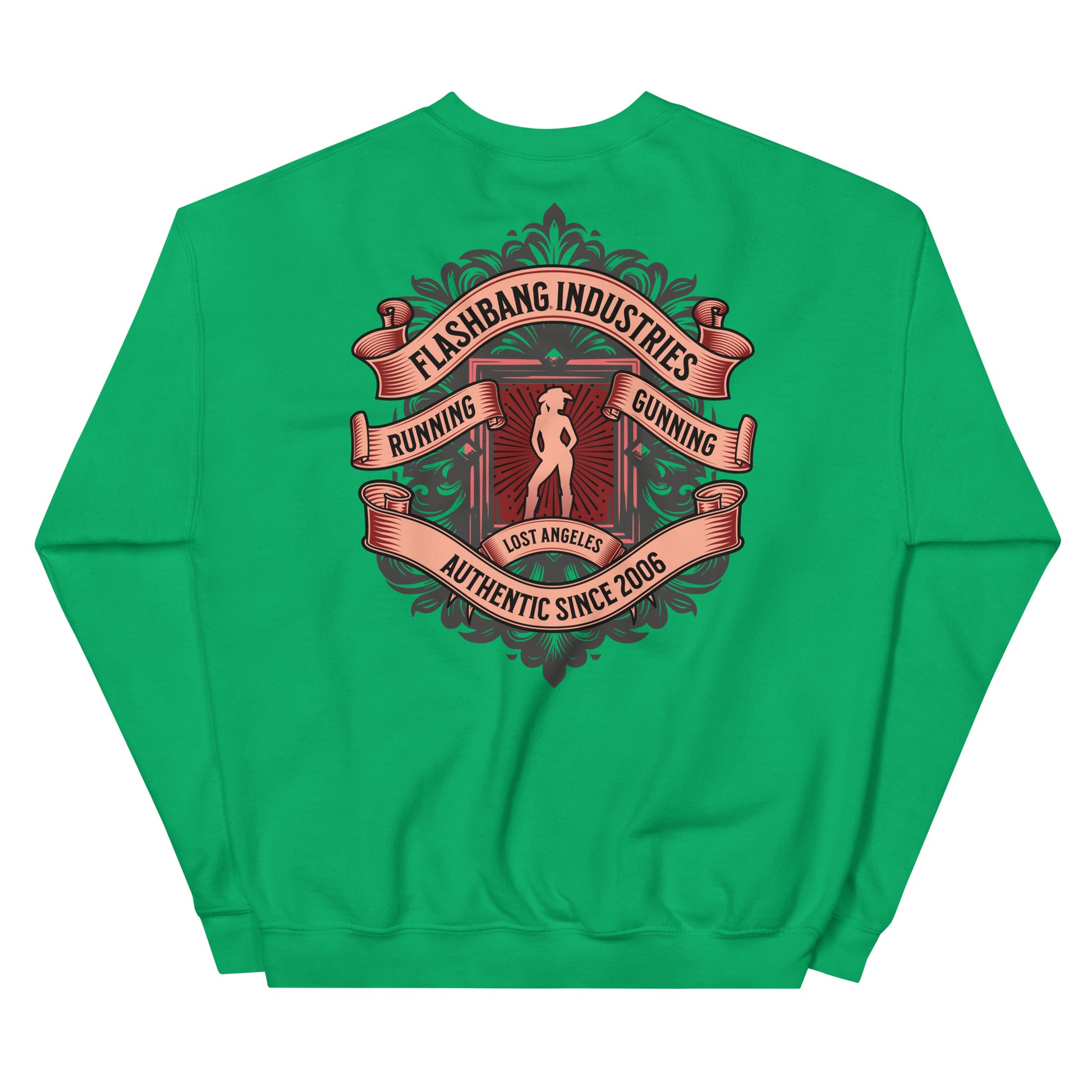 Green sweatshirt with a red graphic design on the back on a white background