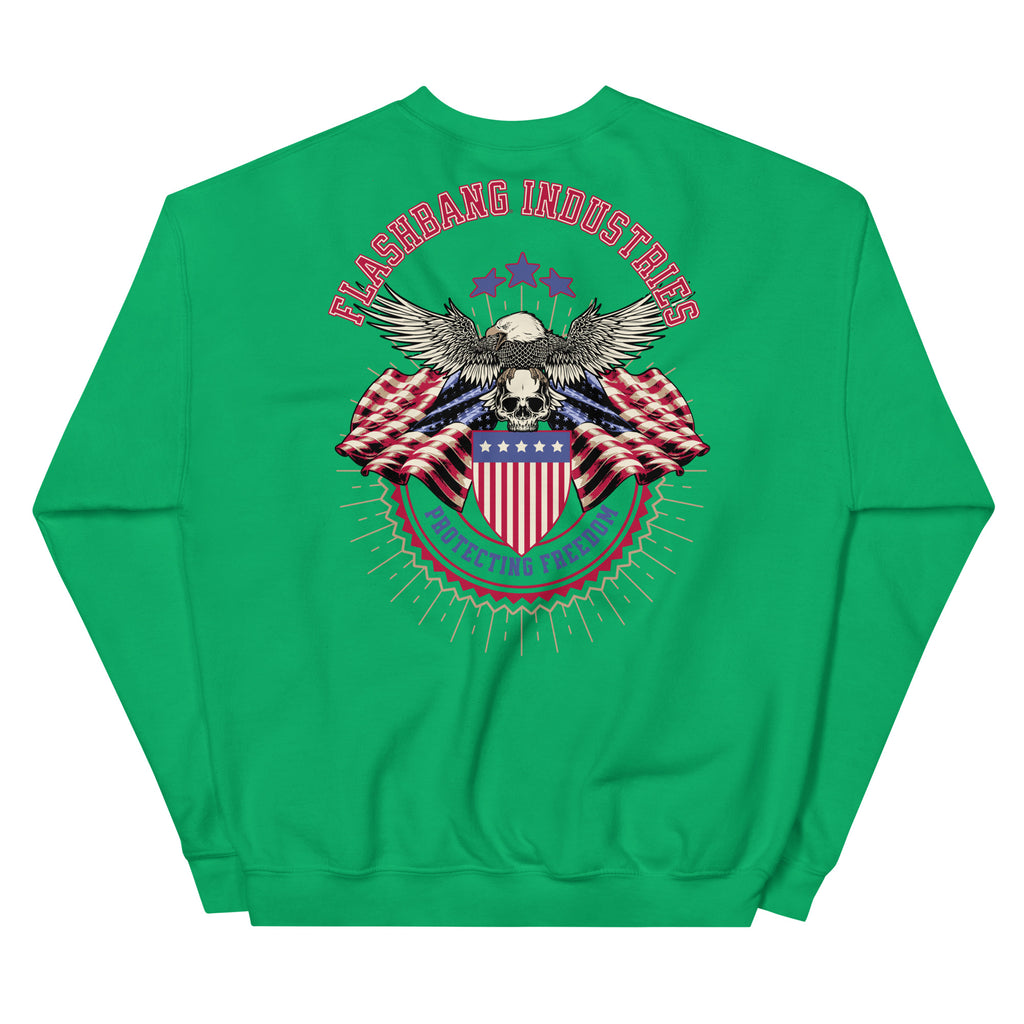 Green sweatshirt with an eagle and flag design on the back, featuring the brand 'Flashbang Industries'.