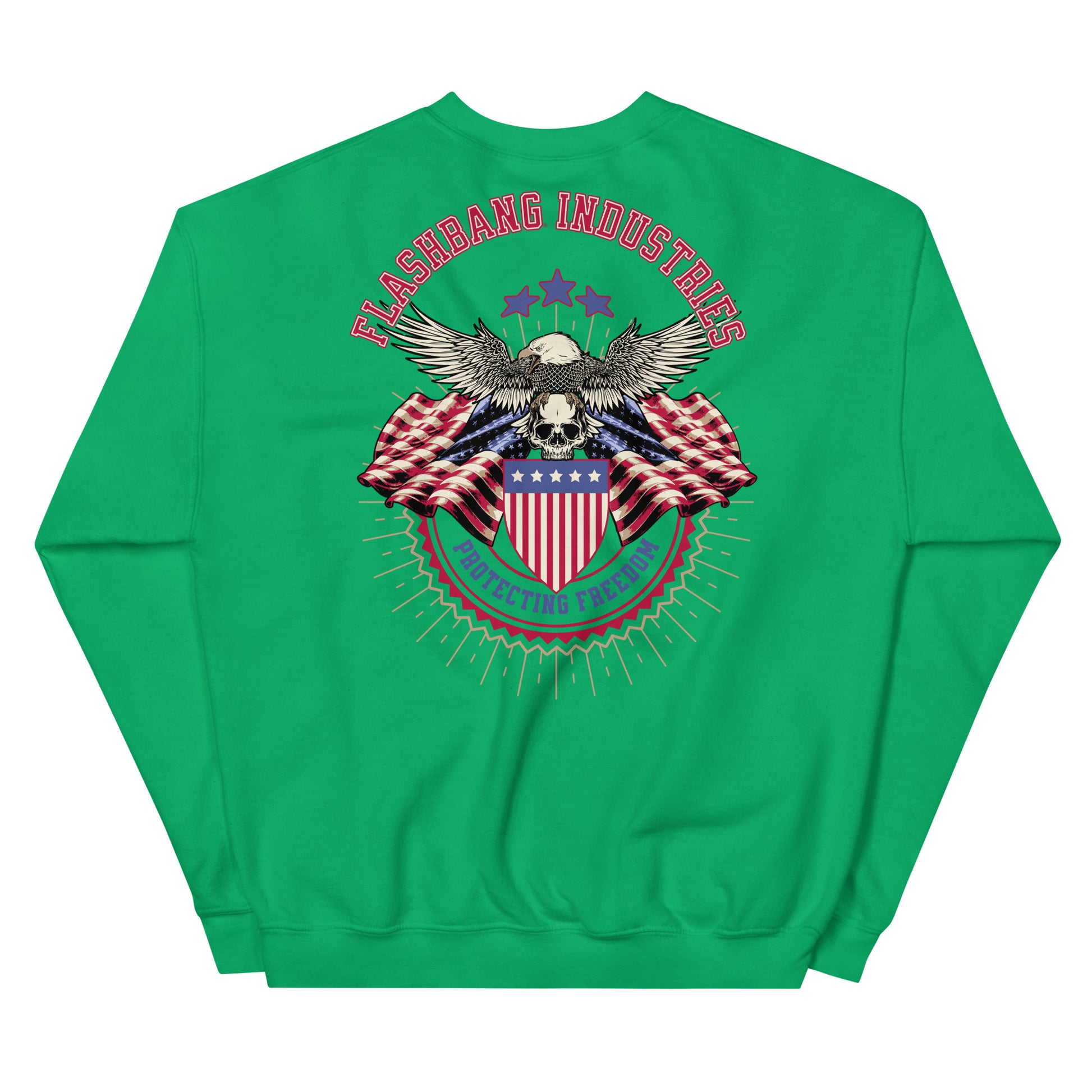 Green sweatshirt with an eagle and flag design on the back, featuring the brand 'Flashbang Industries'.
