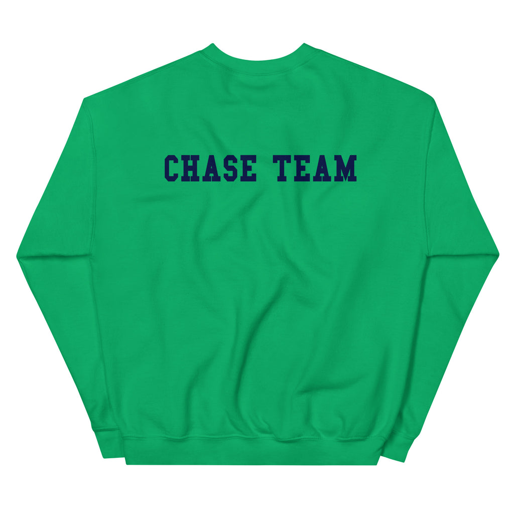 Green sweatshirt with 'CHASE TEAM' text on the back against a white background