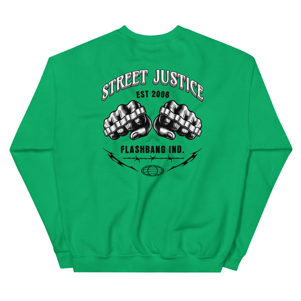 Green sweatshirt with 'Street Justice' and 'Flashbang Ind.' design on a white background