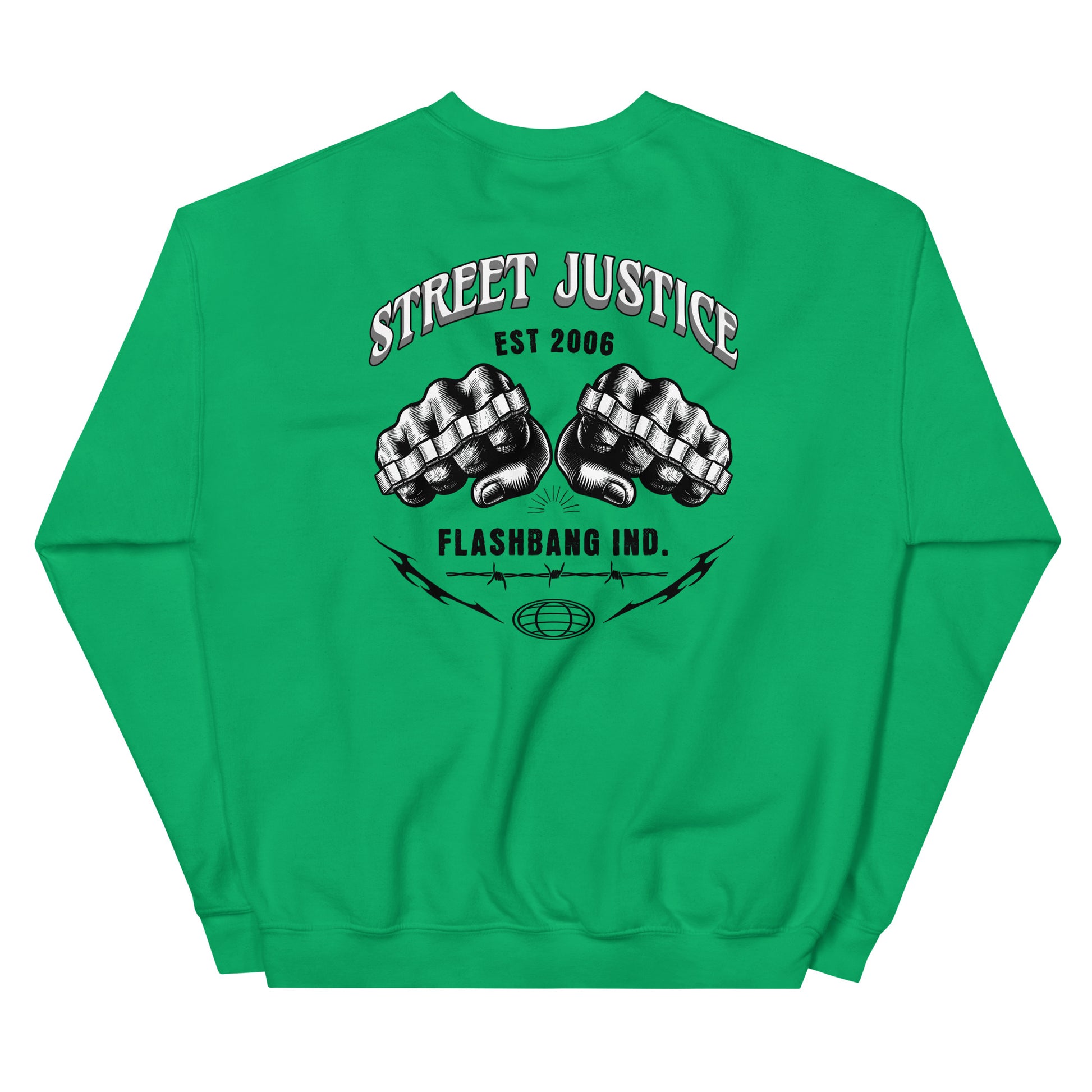 Green sweatshirt with 'Street Justice' and 'Flashbang Ind.' design on a white background