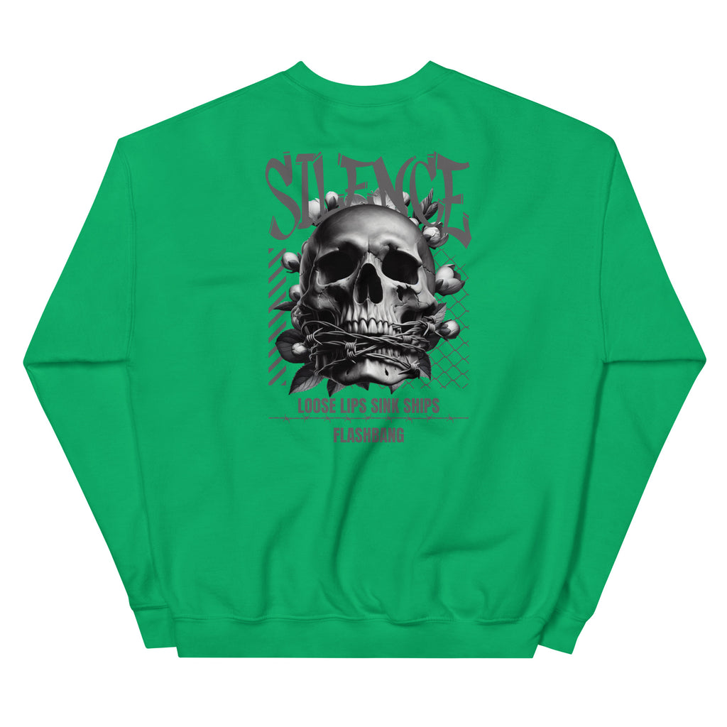 Green sweatshirt with a skull graphic and text on the back against a white background