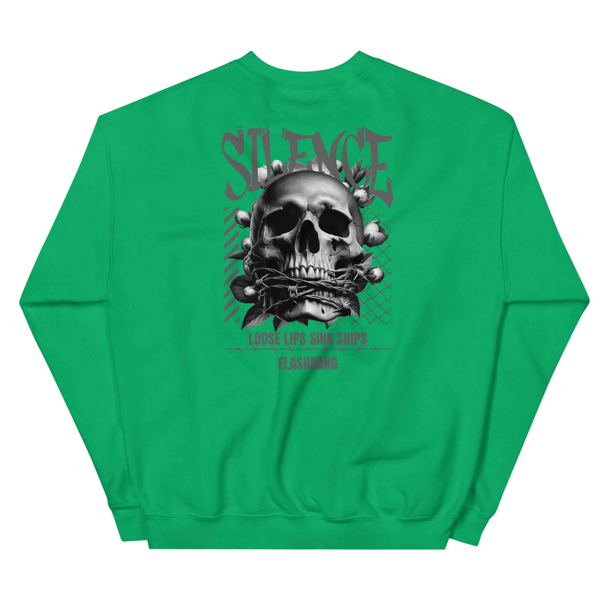 Green sweatshirt with a skull graphic and text on the back against a white background