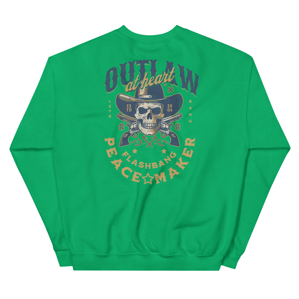 Green sweatshirt with a skull and crossbones design on the back, featuring text and graphics.