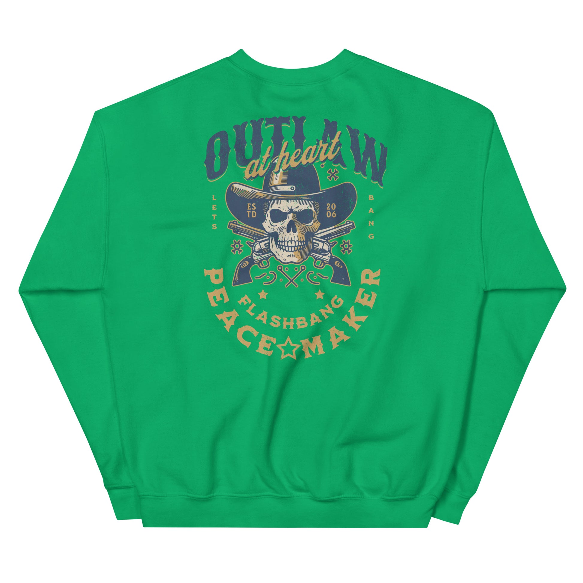 Green sweatshirt with a skull and crossbones design on the back, featuring text and graphics.