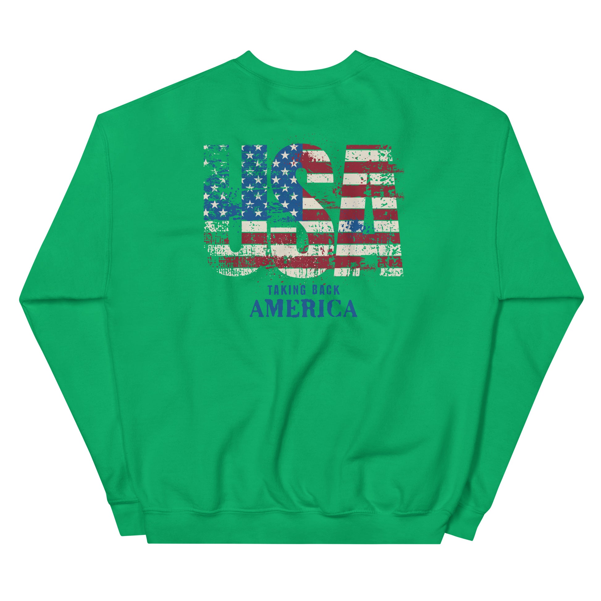 Green sweatshirt with American flag design and text on a white background