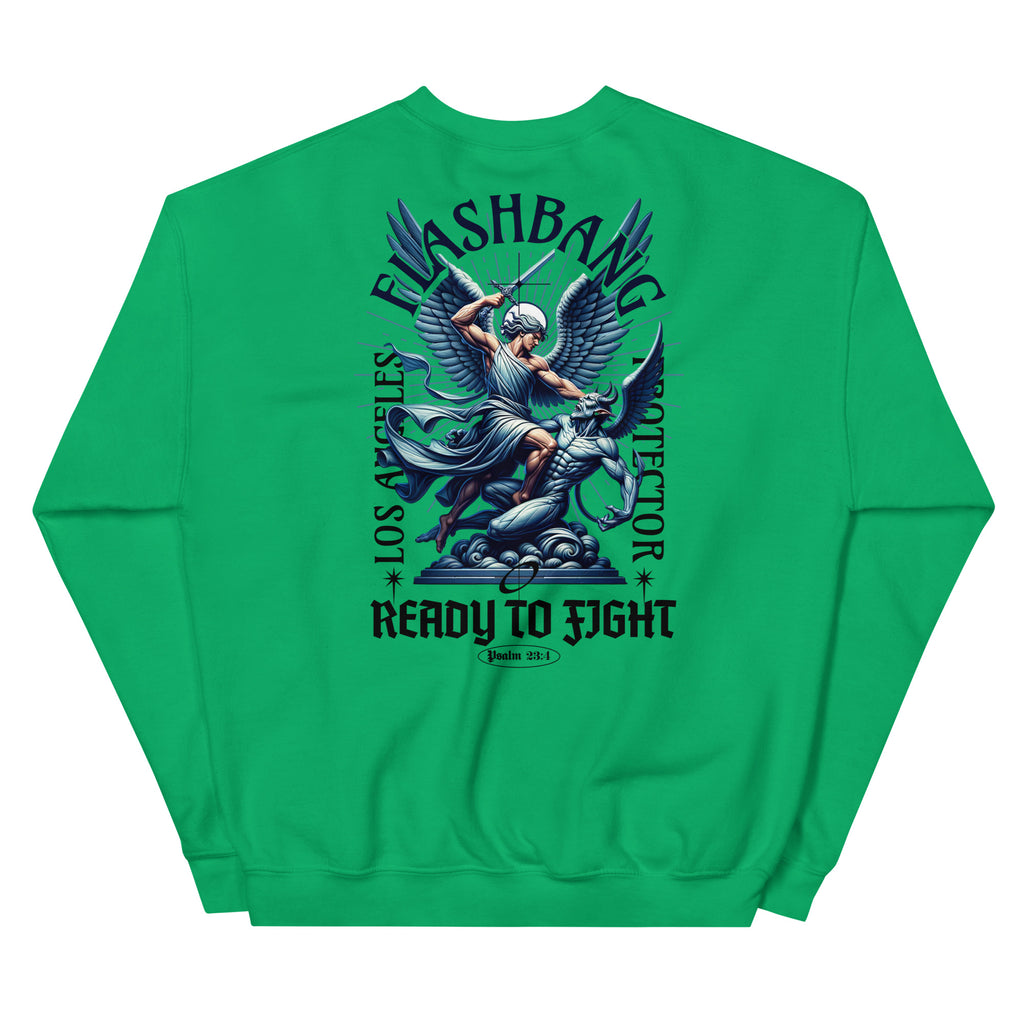 Green sweatshirt with graphic design on the back on a white background