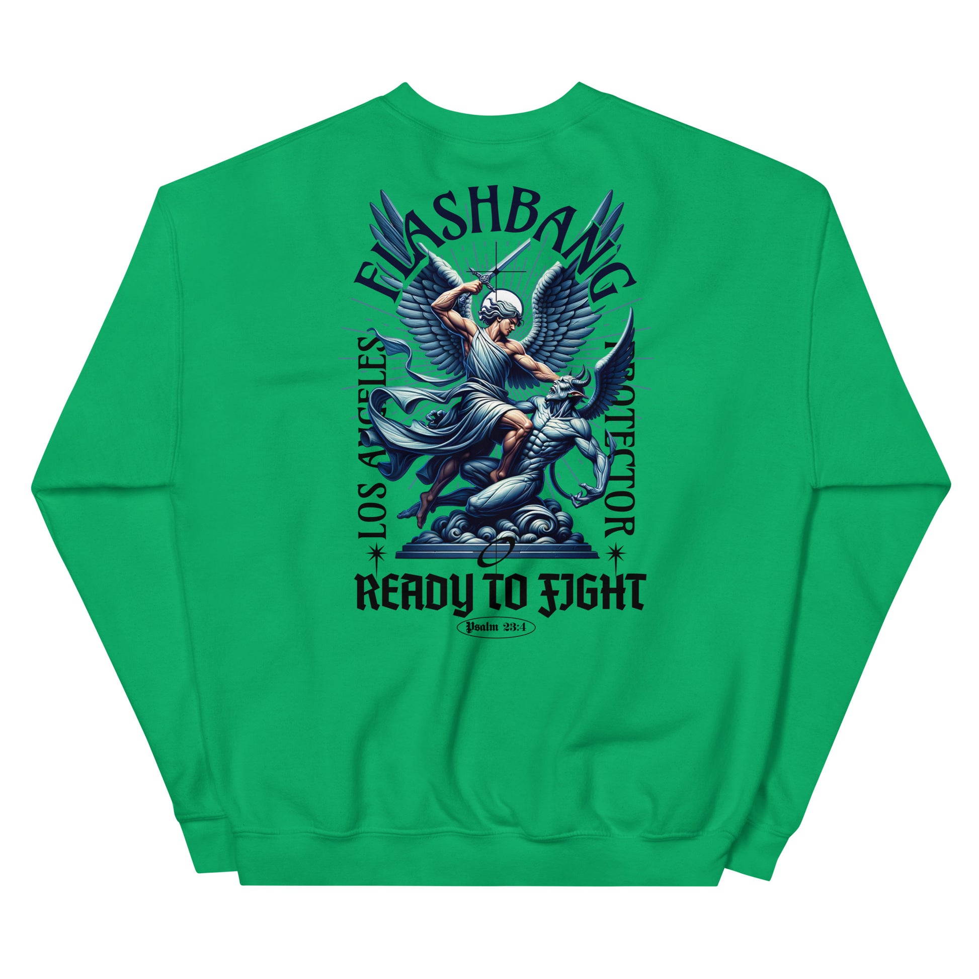Green sweatshirt with graphic design on the back on a white background