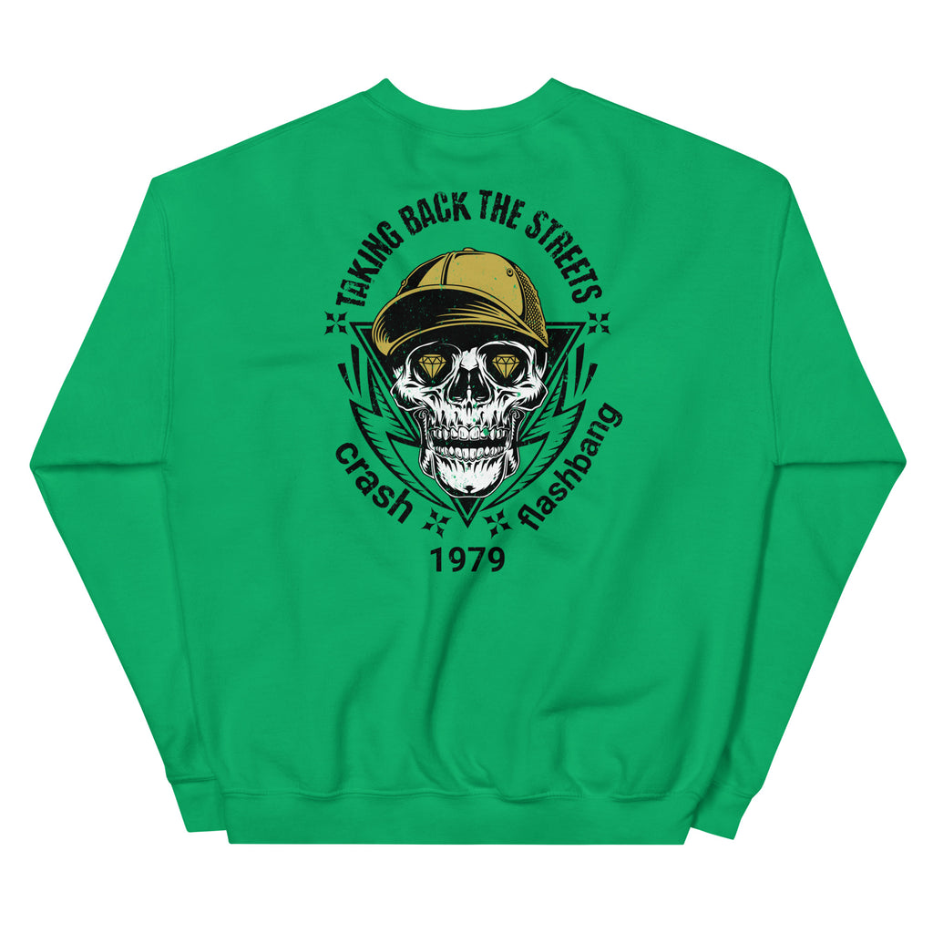 Green sweatshirt with a skull graphic and text on the back against a white background