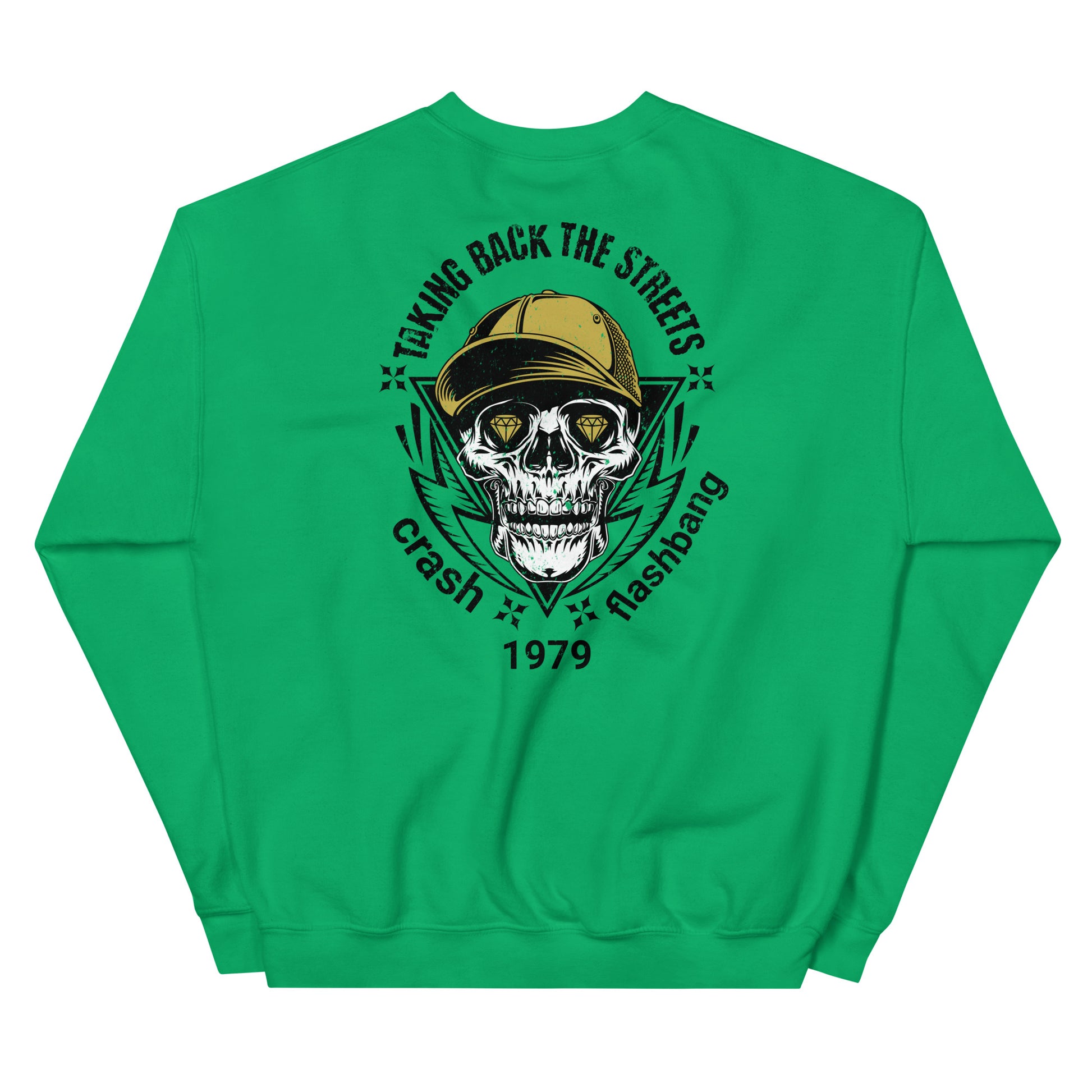 Green sweatshirt with a skull graphic and text on the back against a white background