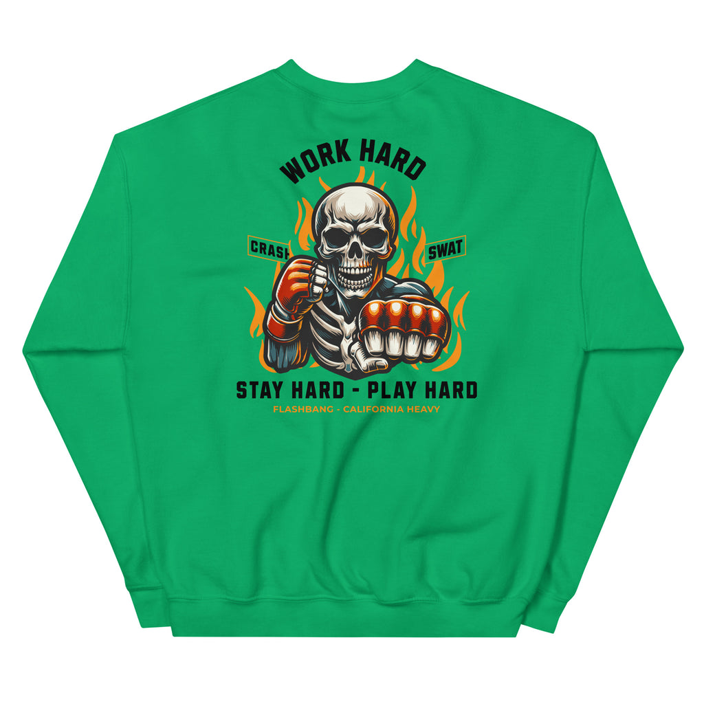 Green sweatshirt with a graphic design of a skeleton holding boxing gloves and text on the back.