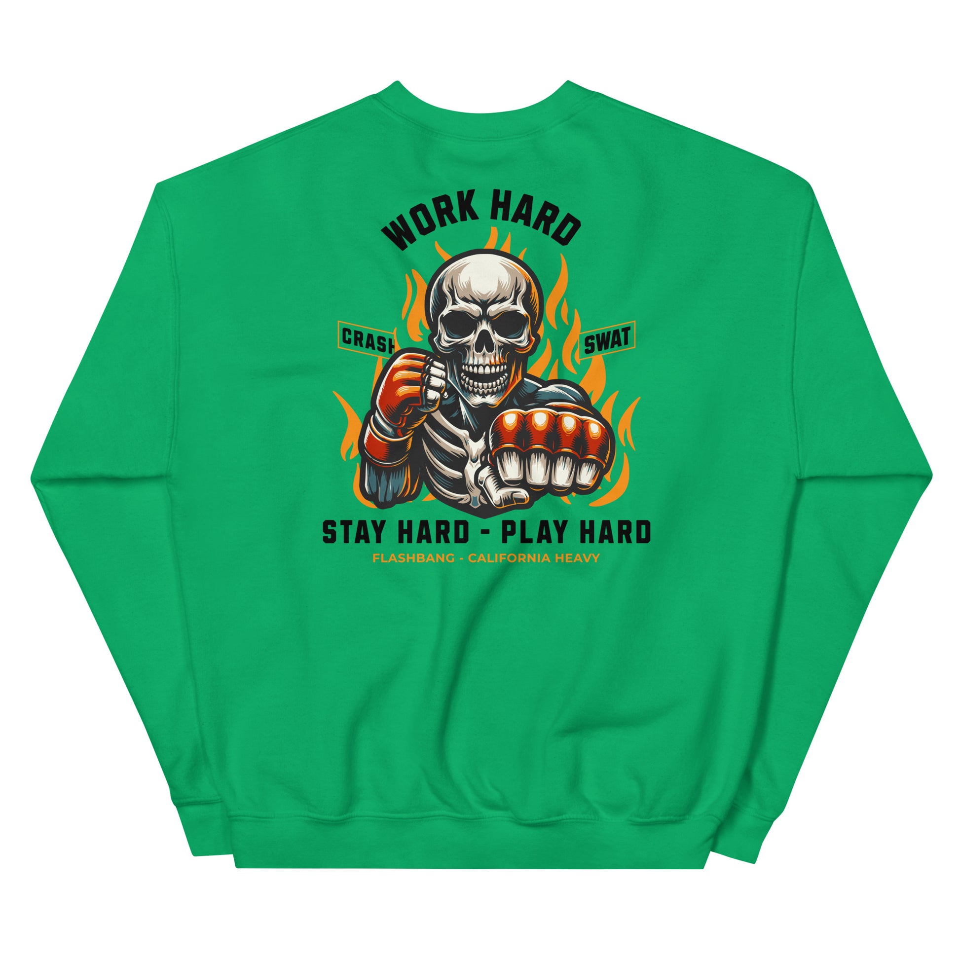 Green sweatshirt with a graphic design of a skeleton holding boxing gloves and text on the back.