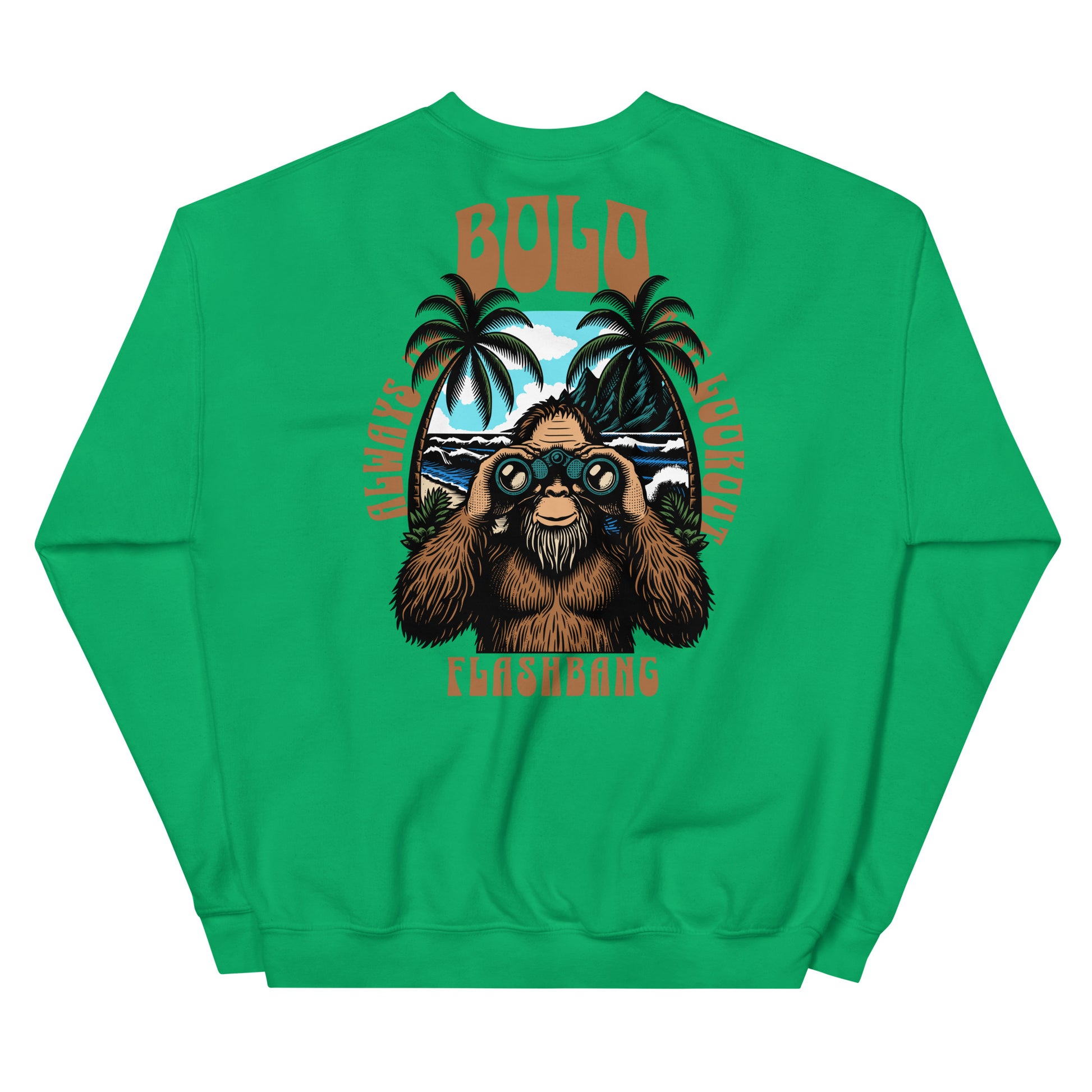 Green sweatshirt with a bear graphic and text on the back, on a white background