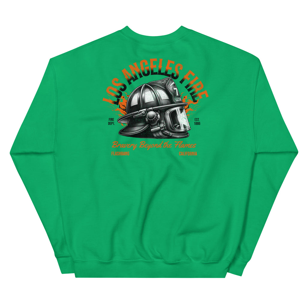 Green sweatshirt with a fire helmet graphic and 'Los Angeles Fire' text on a white background