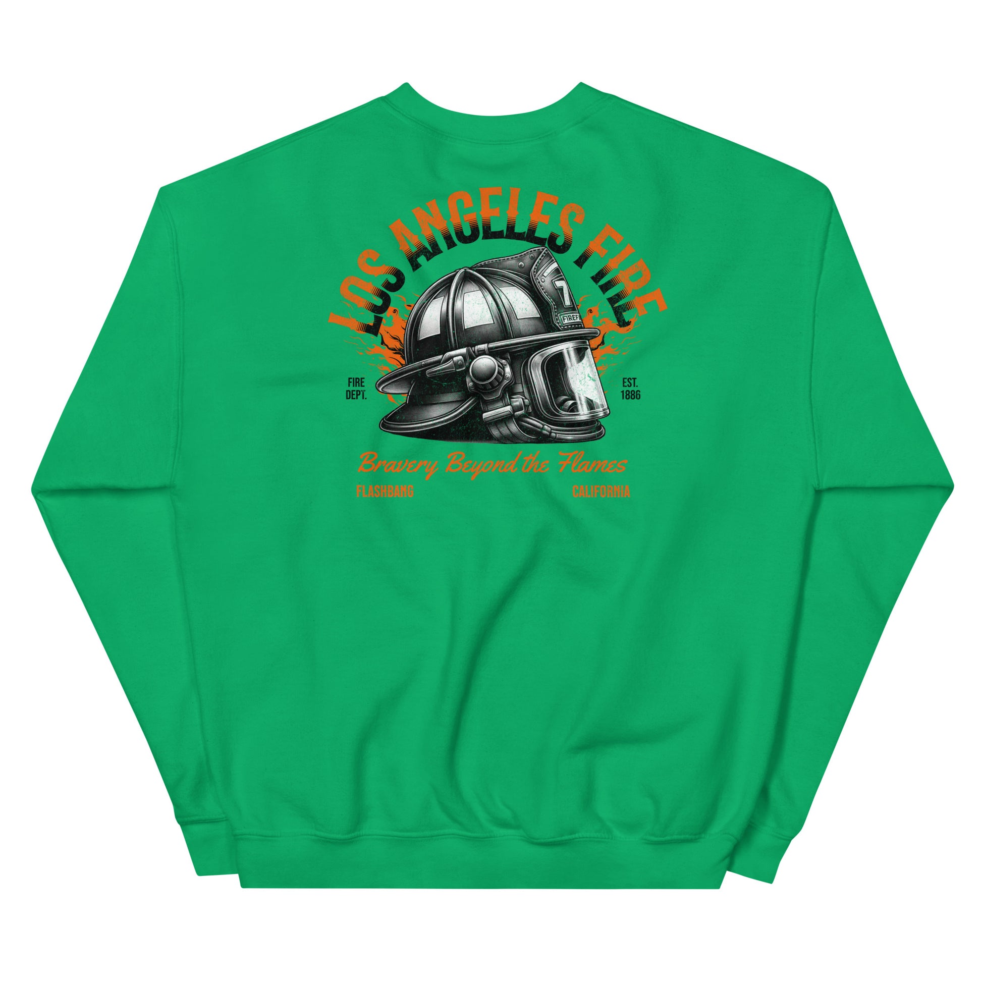 Green sweatshirt with a fire helmet graphic and 'Los Angeles Fire' text on a white background