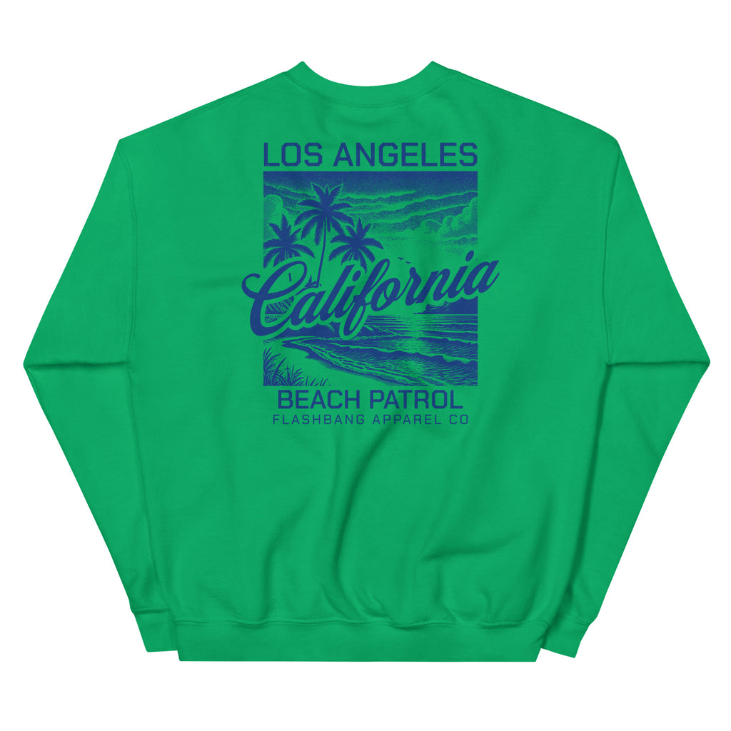 Green sweatshirt with 'Los Angeles California Beach Patrol' design on a white background