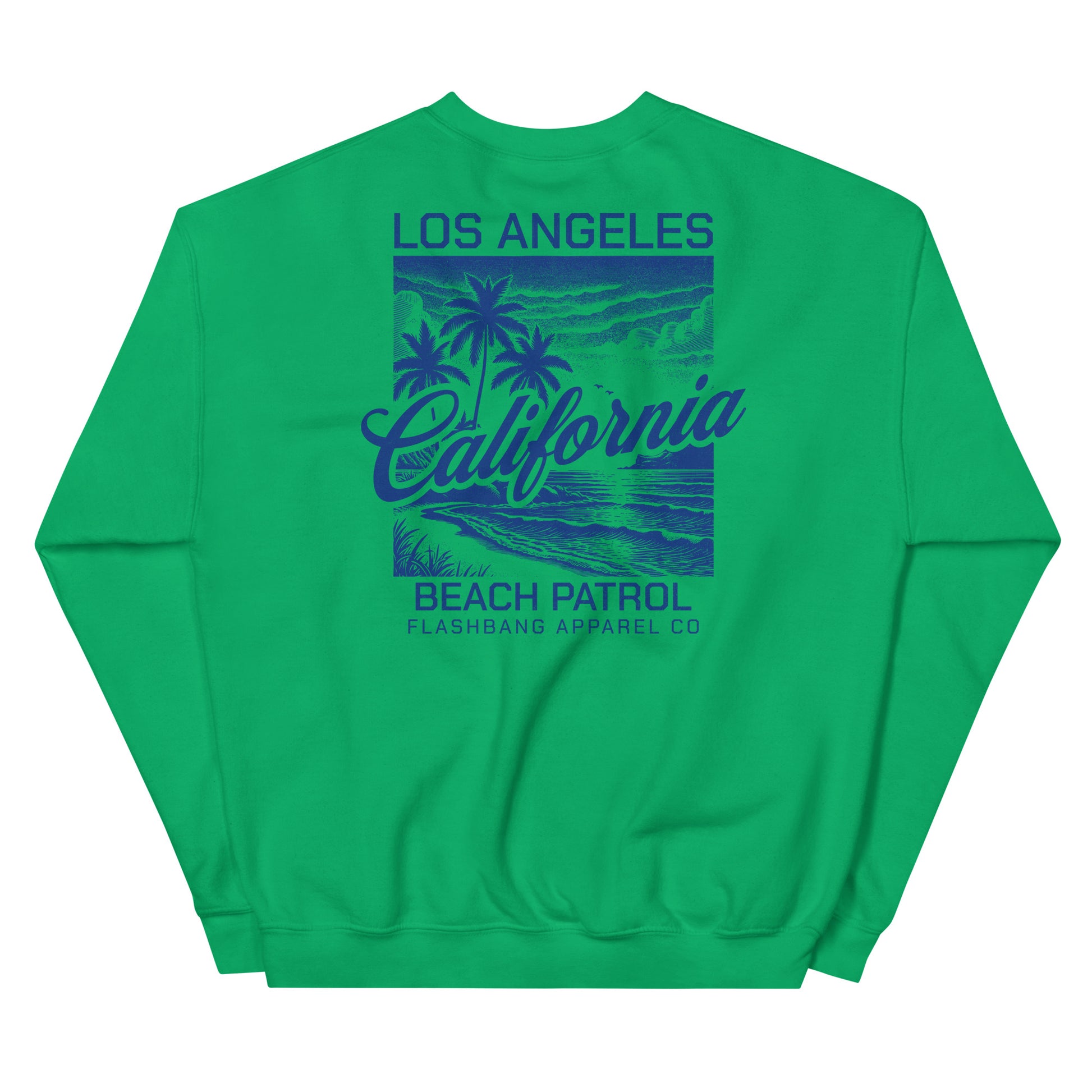 Green sweatshirt with 'Los Angeles California Beach Patrol' design on a white background