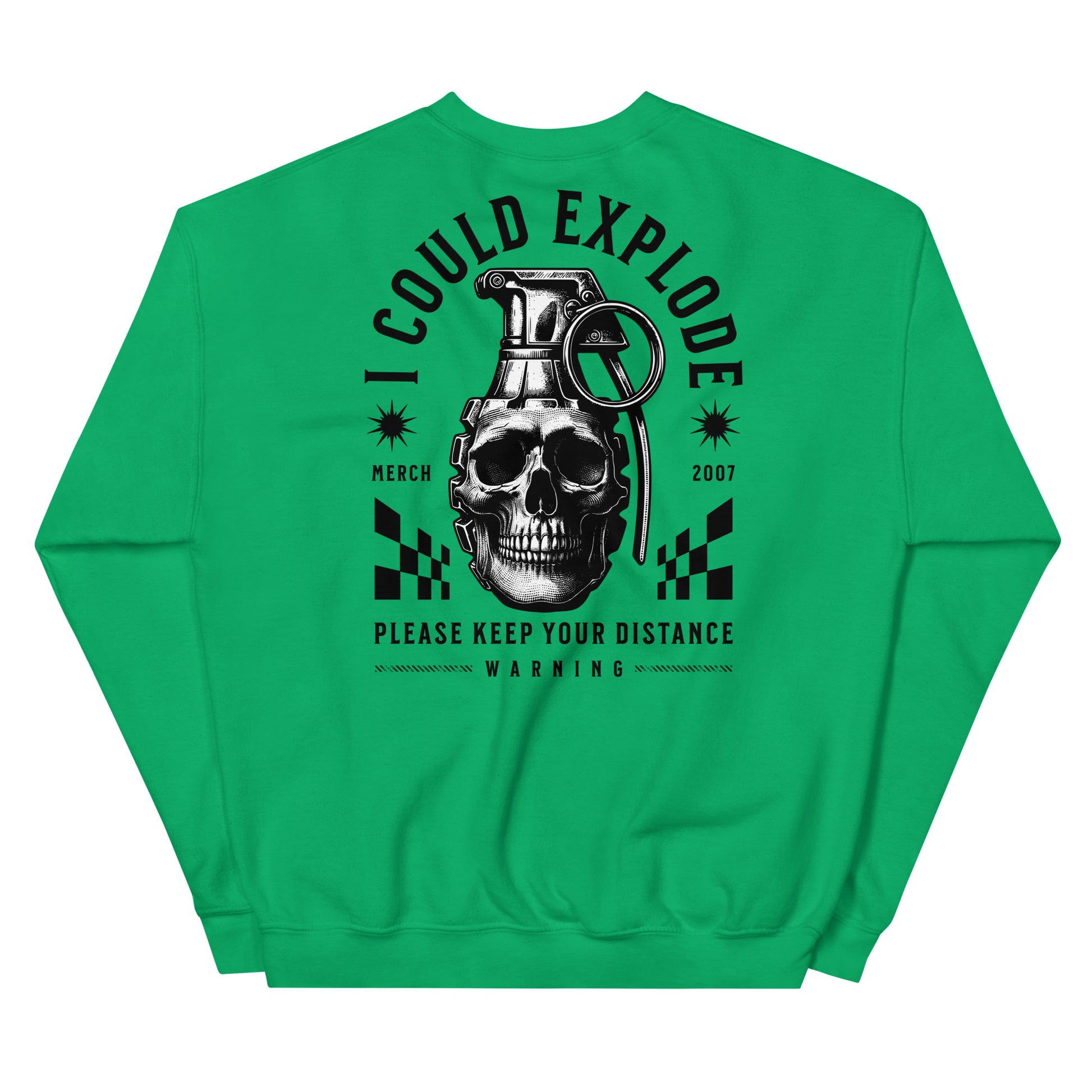 Green sweatshirt with black graphic design on the back featuring a skull and grenade.