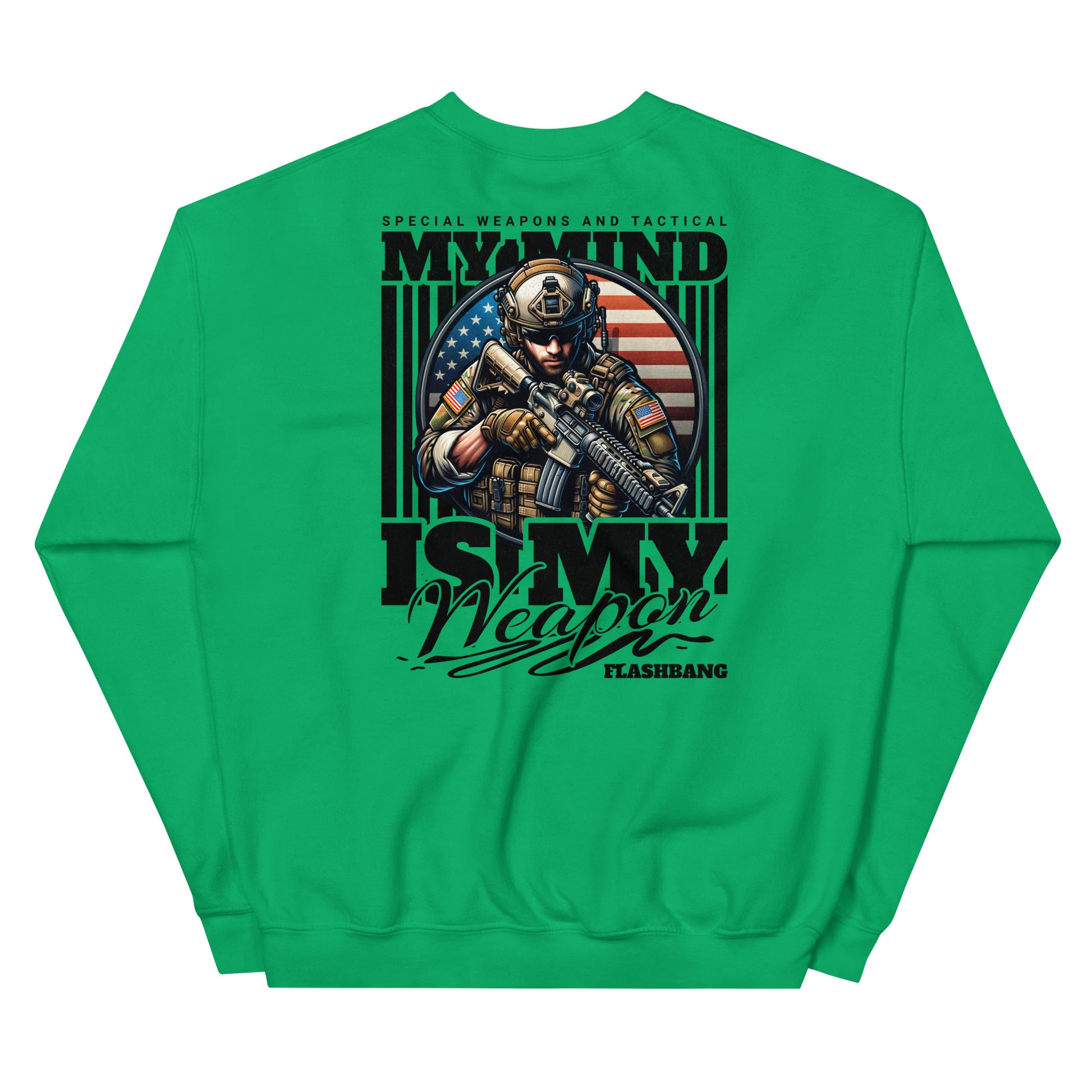 Green sweatshirt with graphic design of a soldier and text on a white background