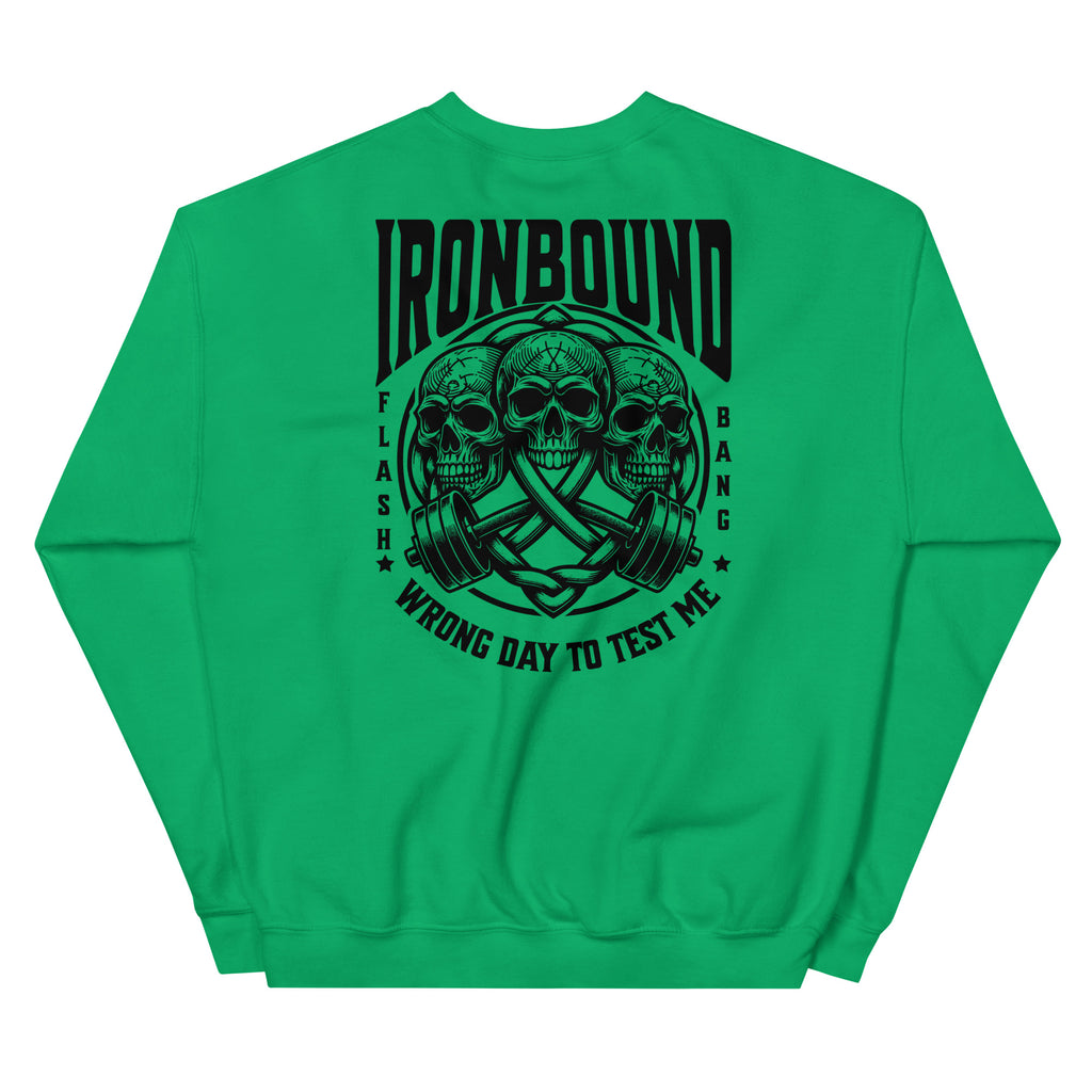 Green sweatshirt with black graphic design on a white background