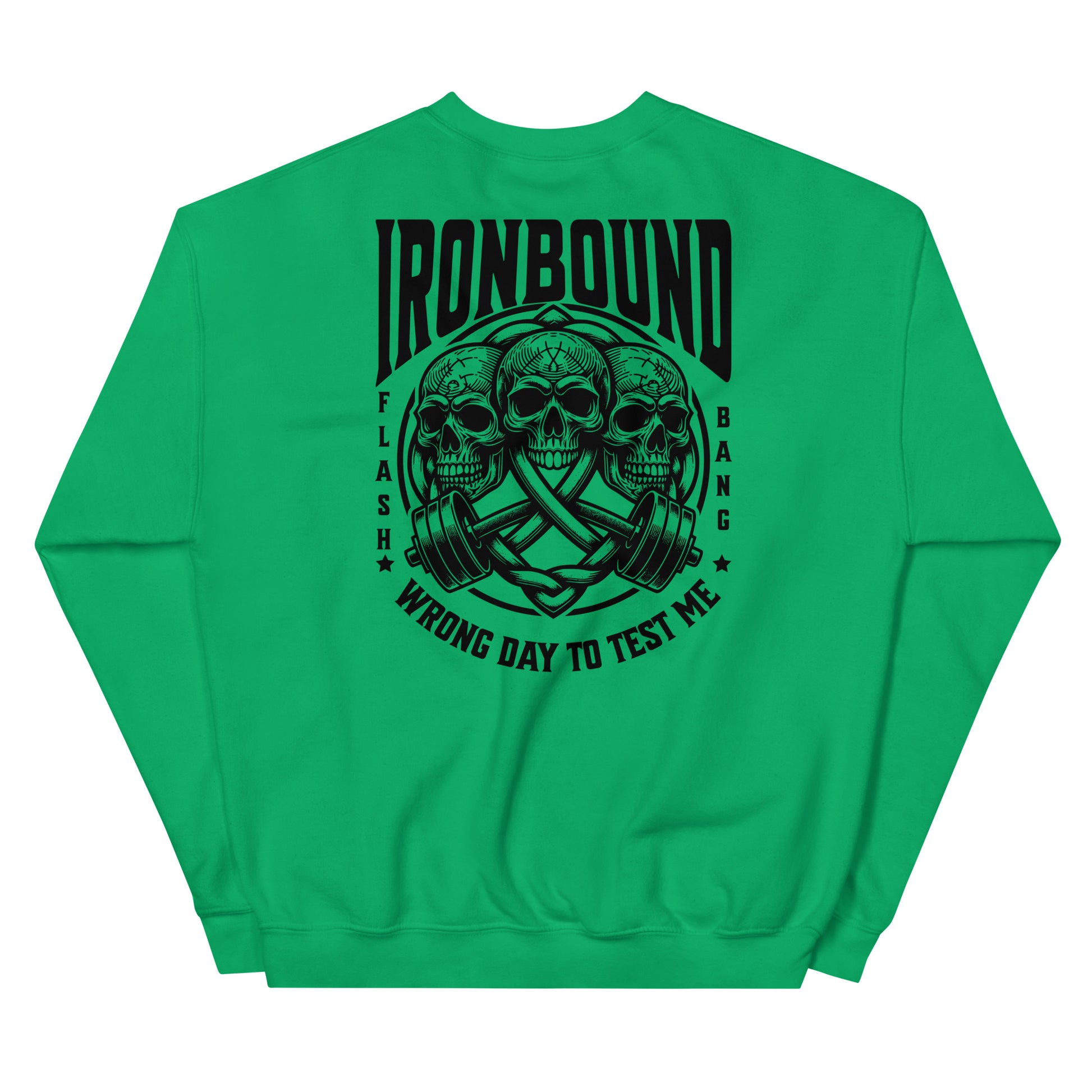 Green sweatshirt with black graphic design on a white background