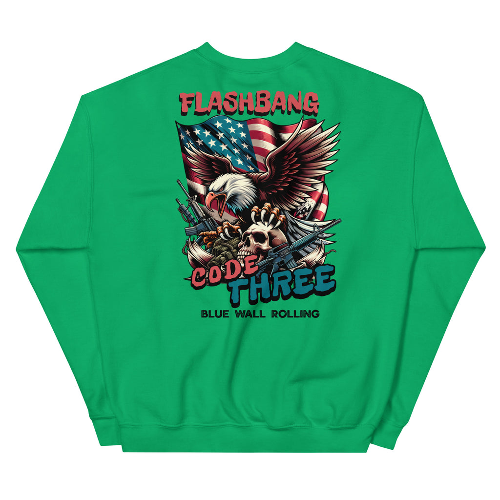 Green sweatshirt with 'Flashbang Code Three' graphic design on a white background