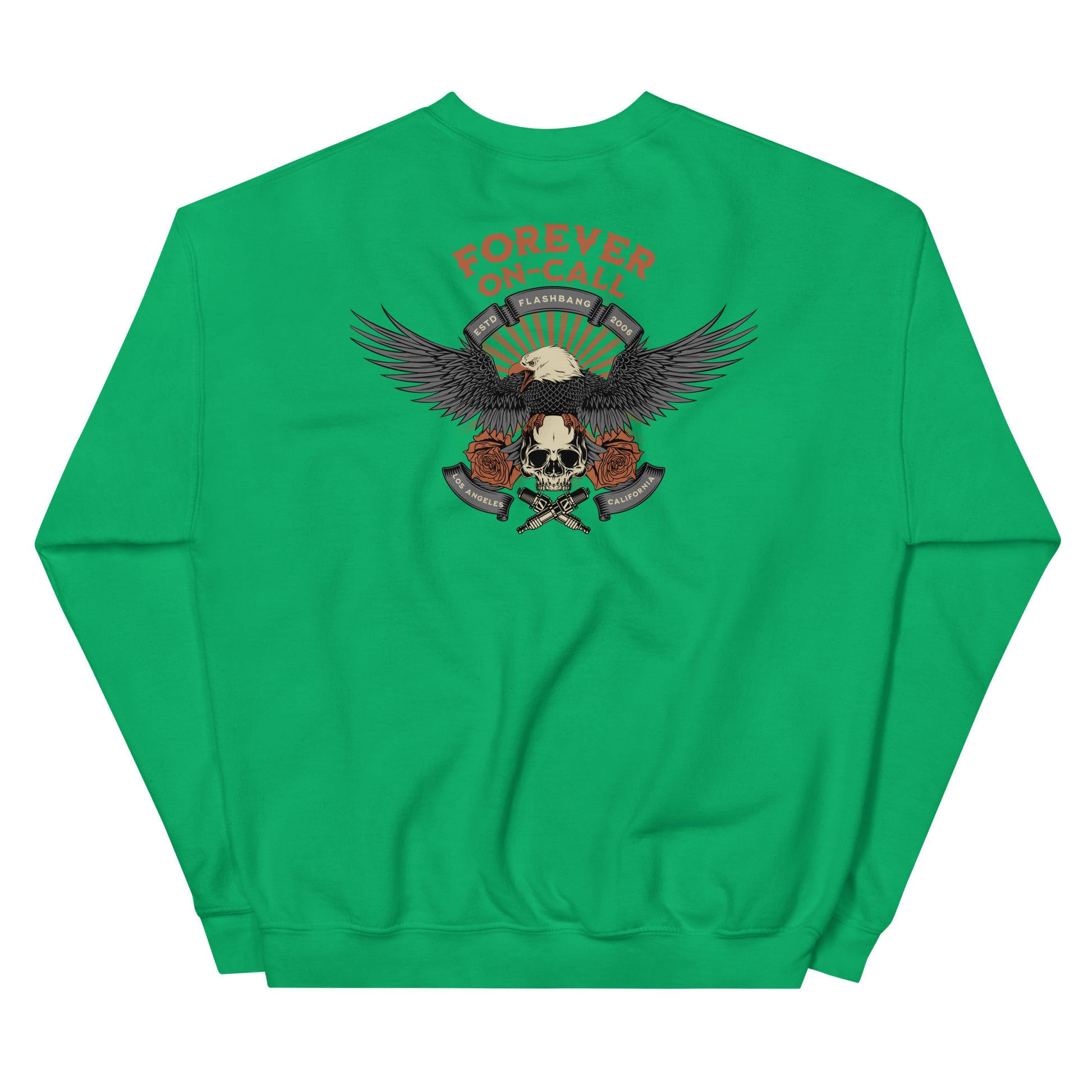 Green sweatshirt with a graphic design on the back featuring an eagle, skull, and crossed guns.